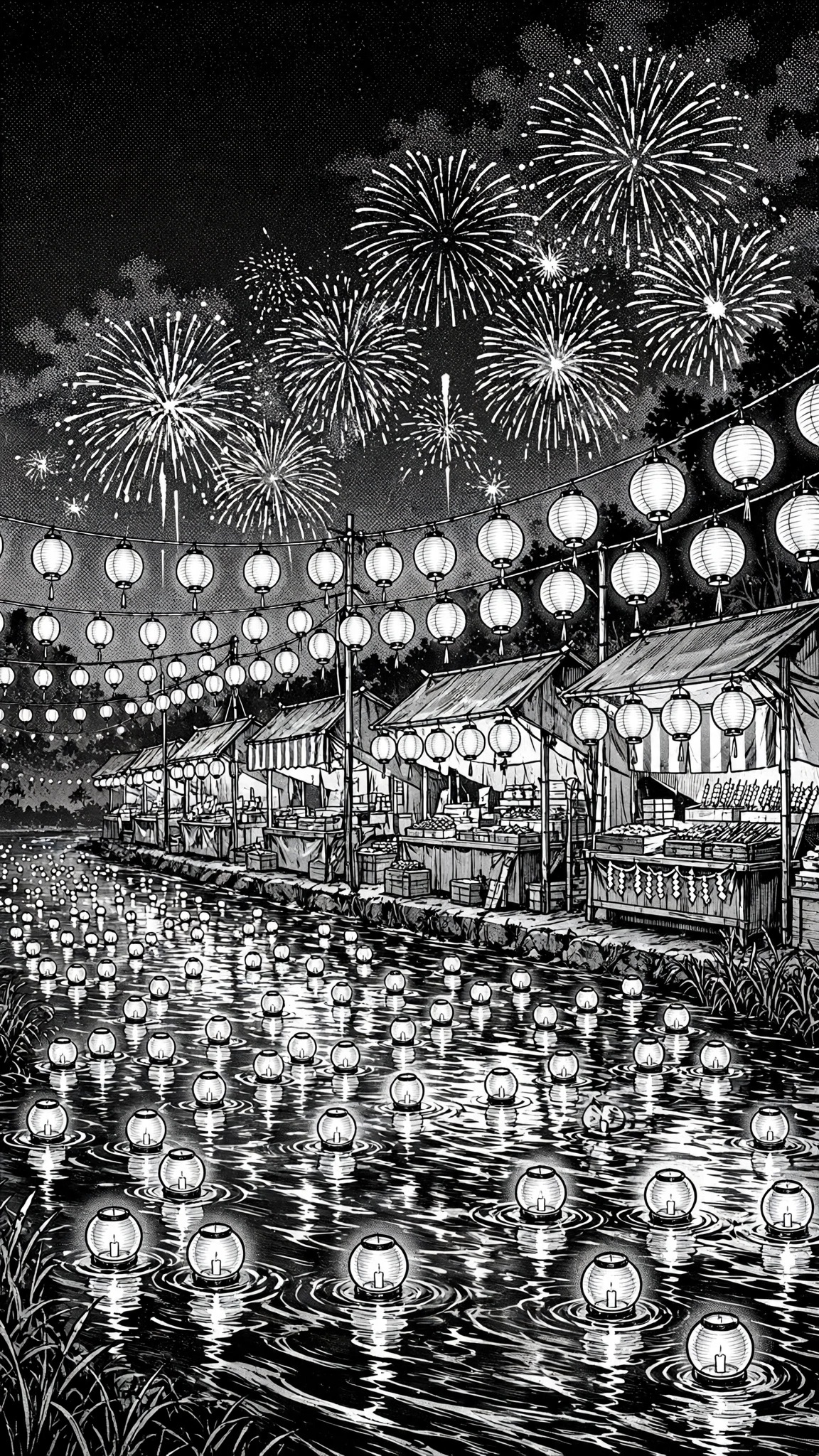 Black and white manga ink art of a festival with lanterns floating on a river
