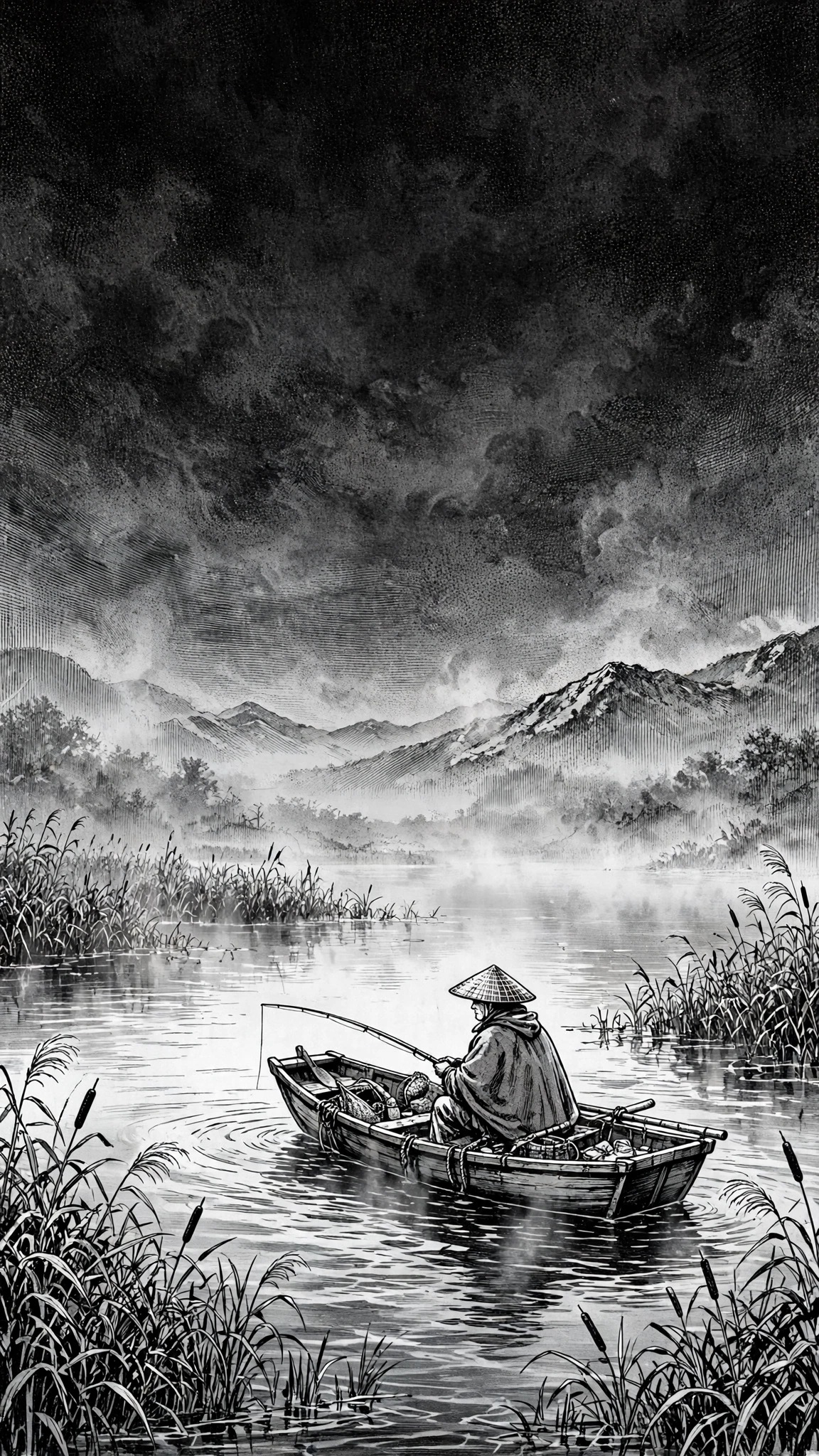 Black and white manga ink art of a fisherman in a boat on a misty lake