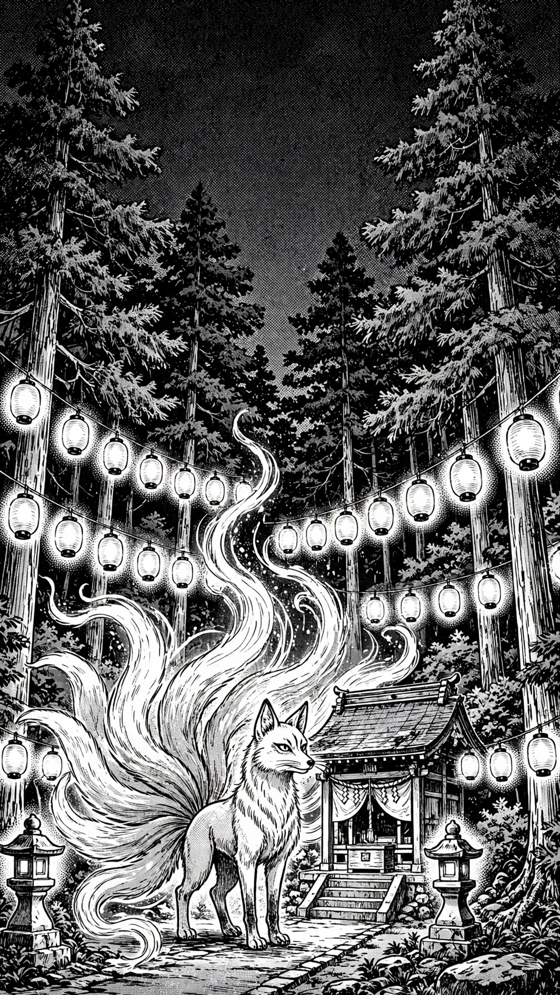 Black and white manga ink art of a nine-tailed fox spirit at a shrine at night