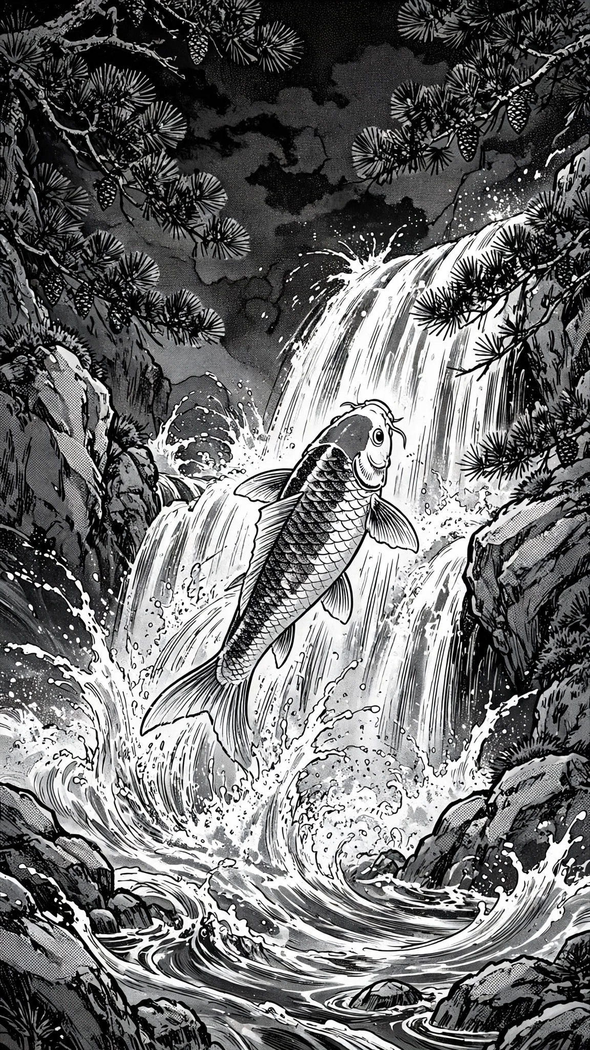 Black and white manga ink art of a koi fish leaping up a waterfall