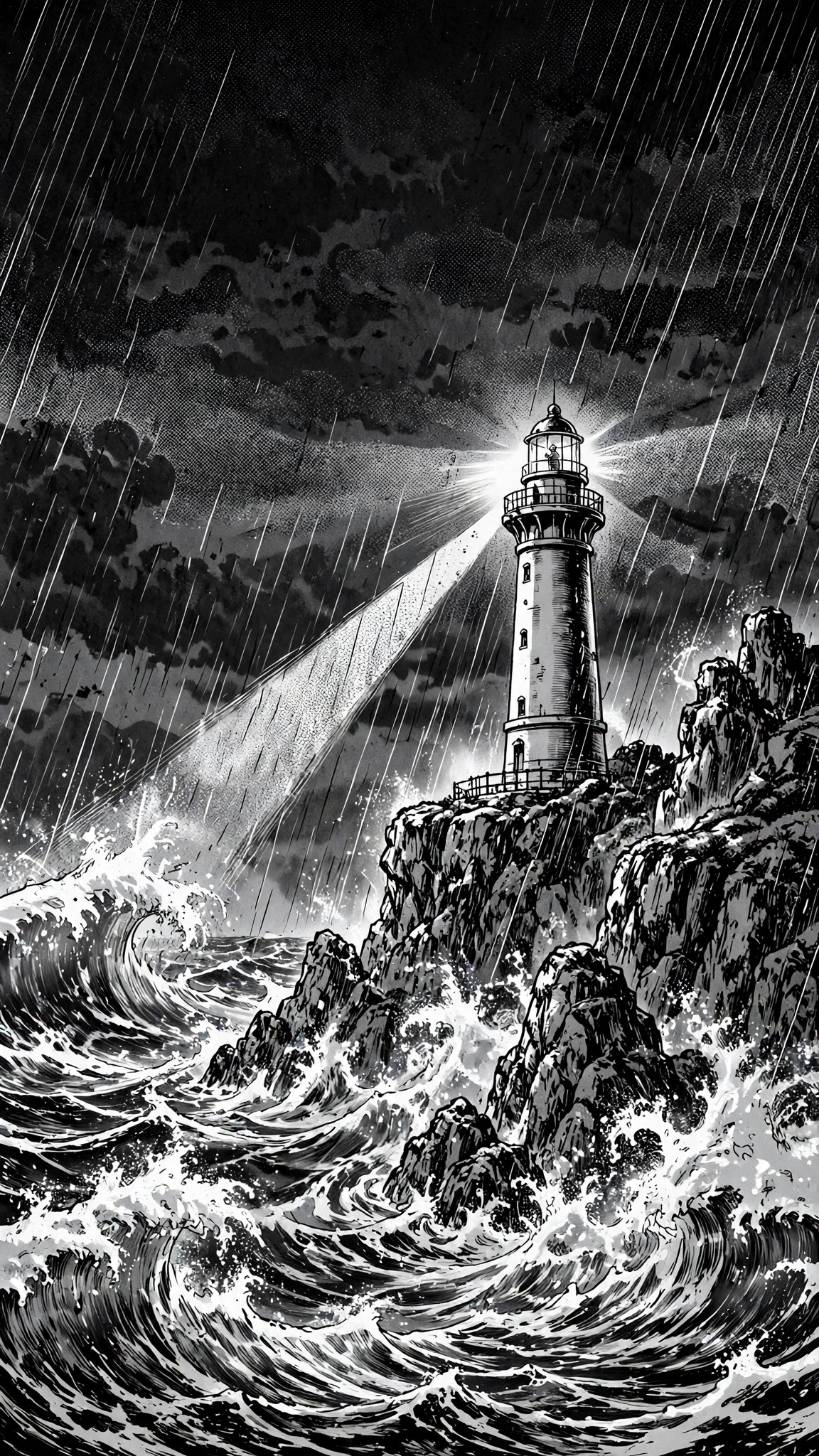 Black and white manga ink art of a lighthouse in a storm with huge waves