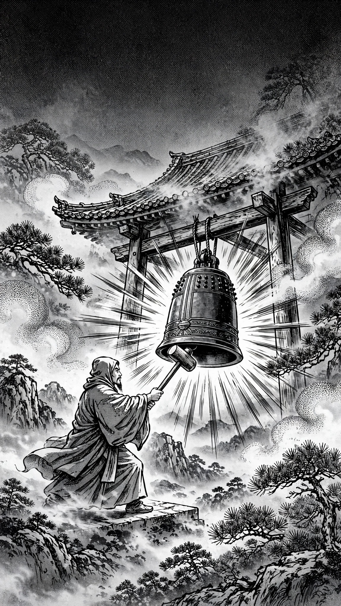 Black and white manga ink art of a monk ringing a temple bell in fog