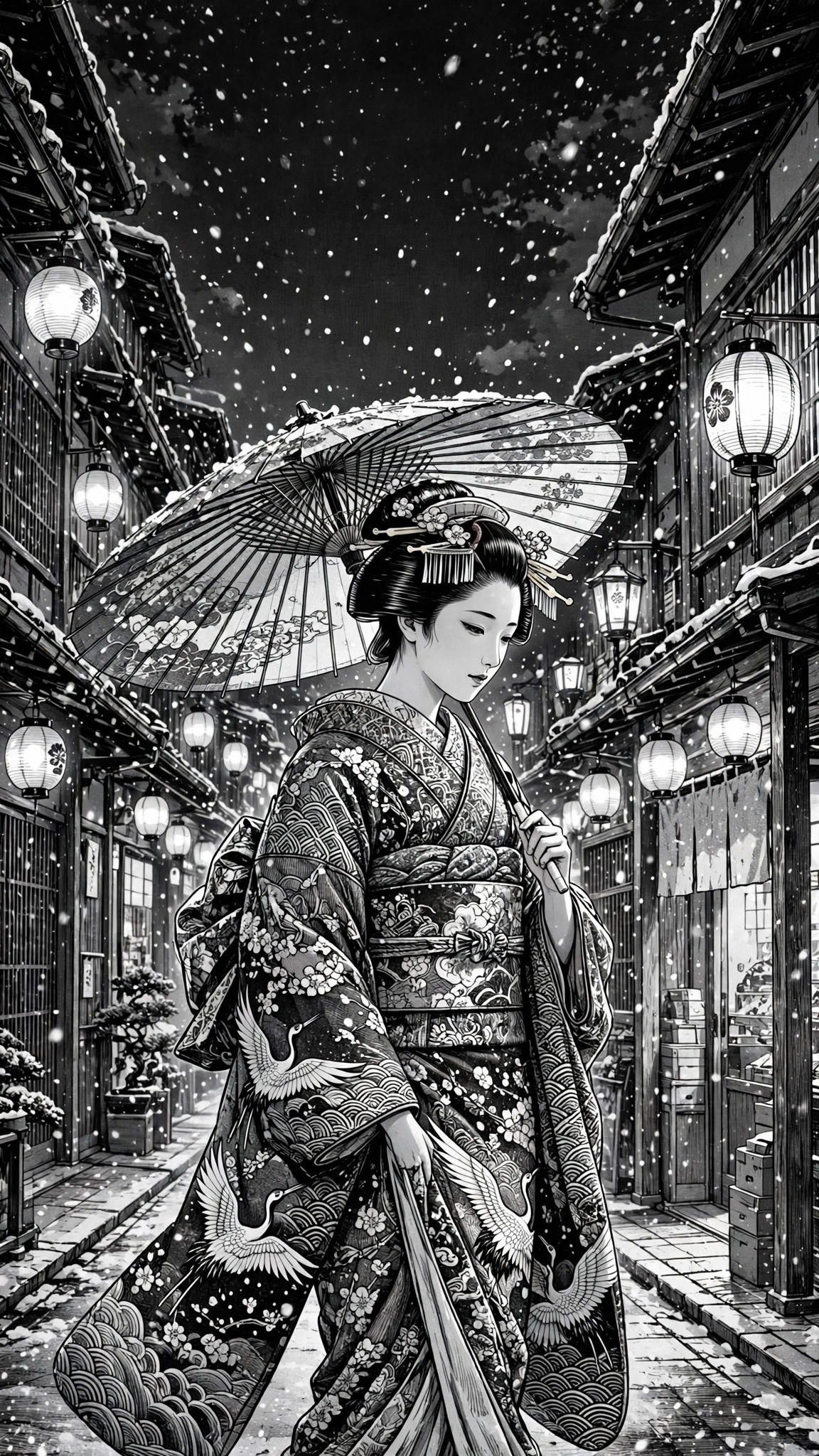 Geisha with paper umbrella in snowy Kyoto street
