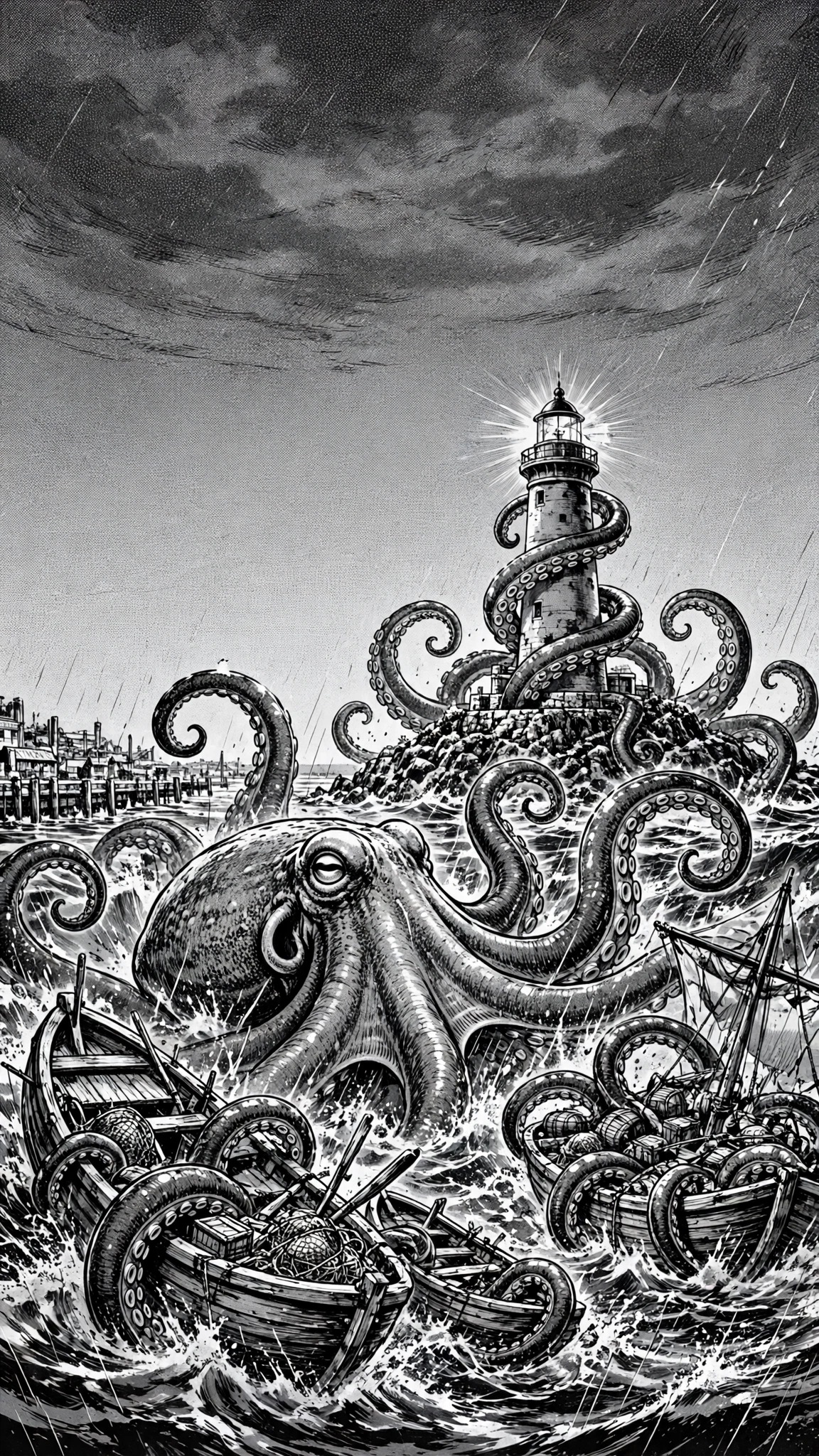 Giant octopus rising around a lighthouse in a storm