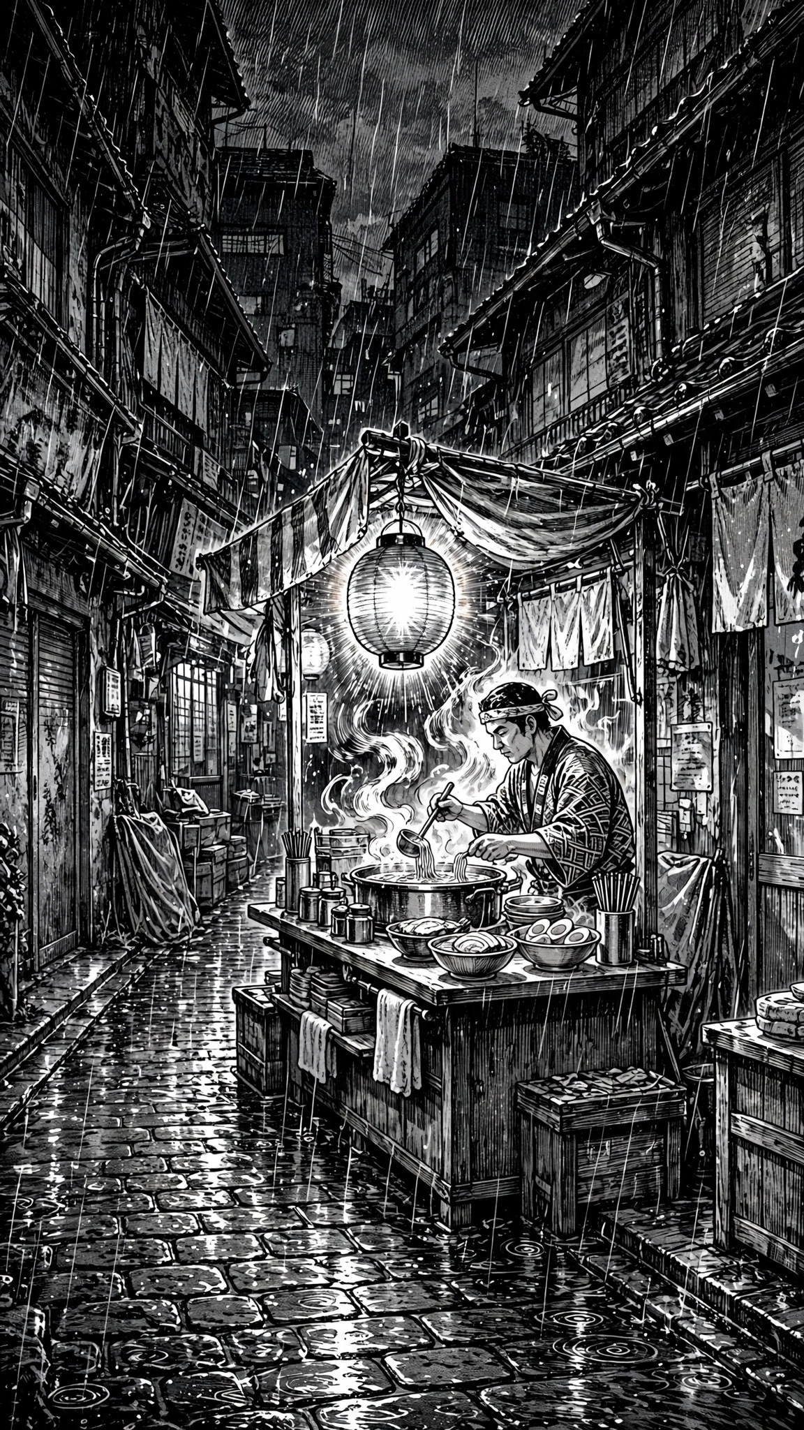 Ramen vendor at a lantern-lit stall in midnight rain