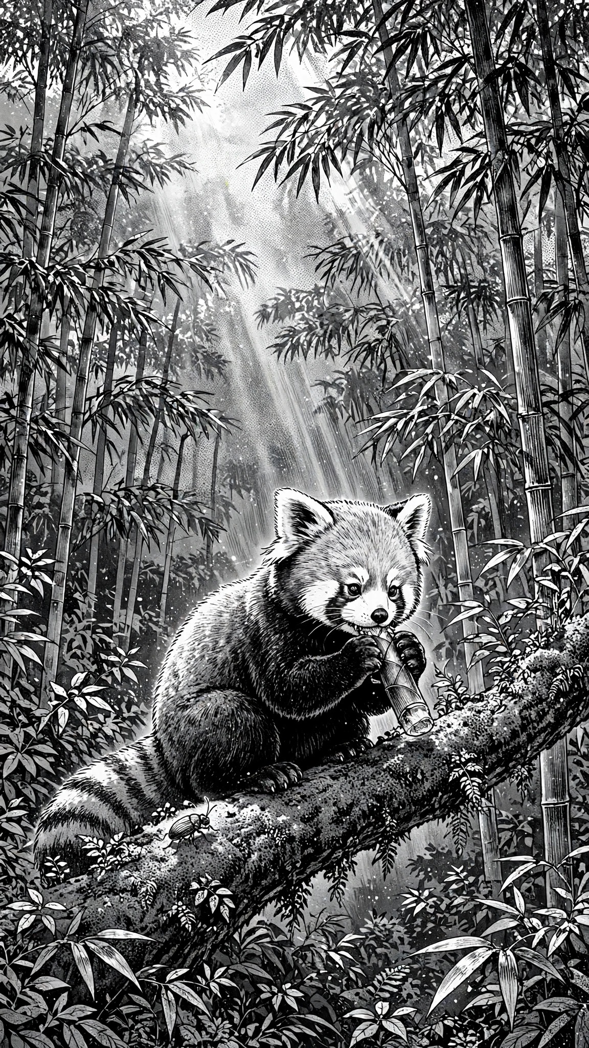 Red panda eating bamboo on a mossy branch at dawn