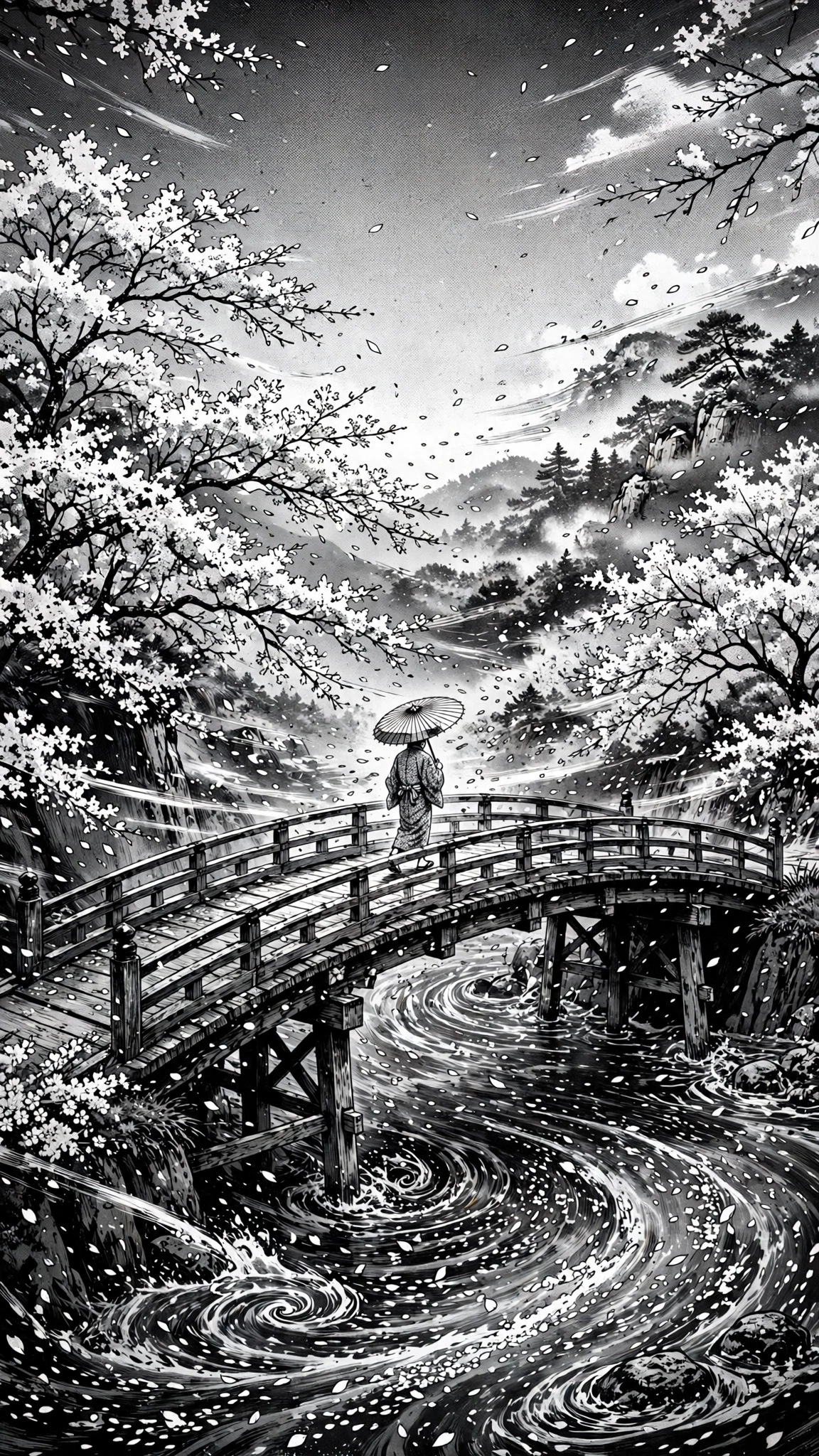 Figure with umbrella crossing a bridge over a petal river