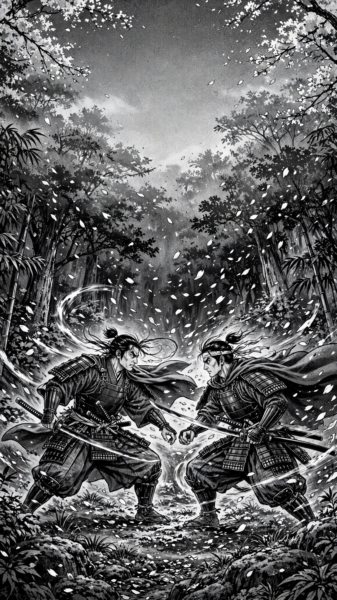 Two samurai facing off under cherry blossom petals