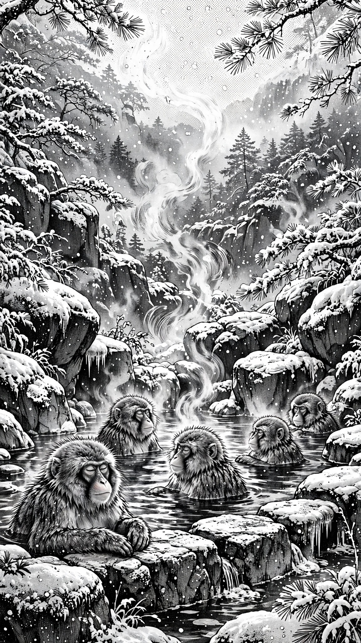 Snow monkeys soaking in a steaming winter onsen