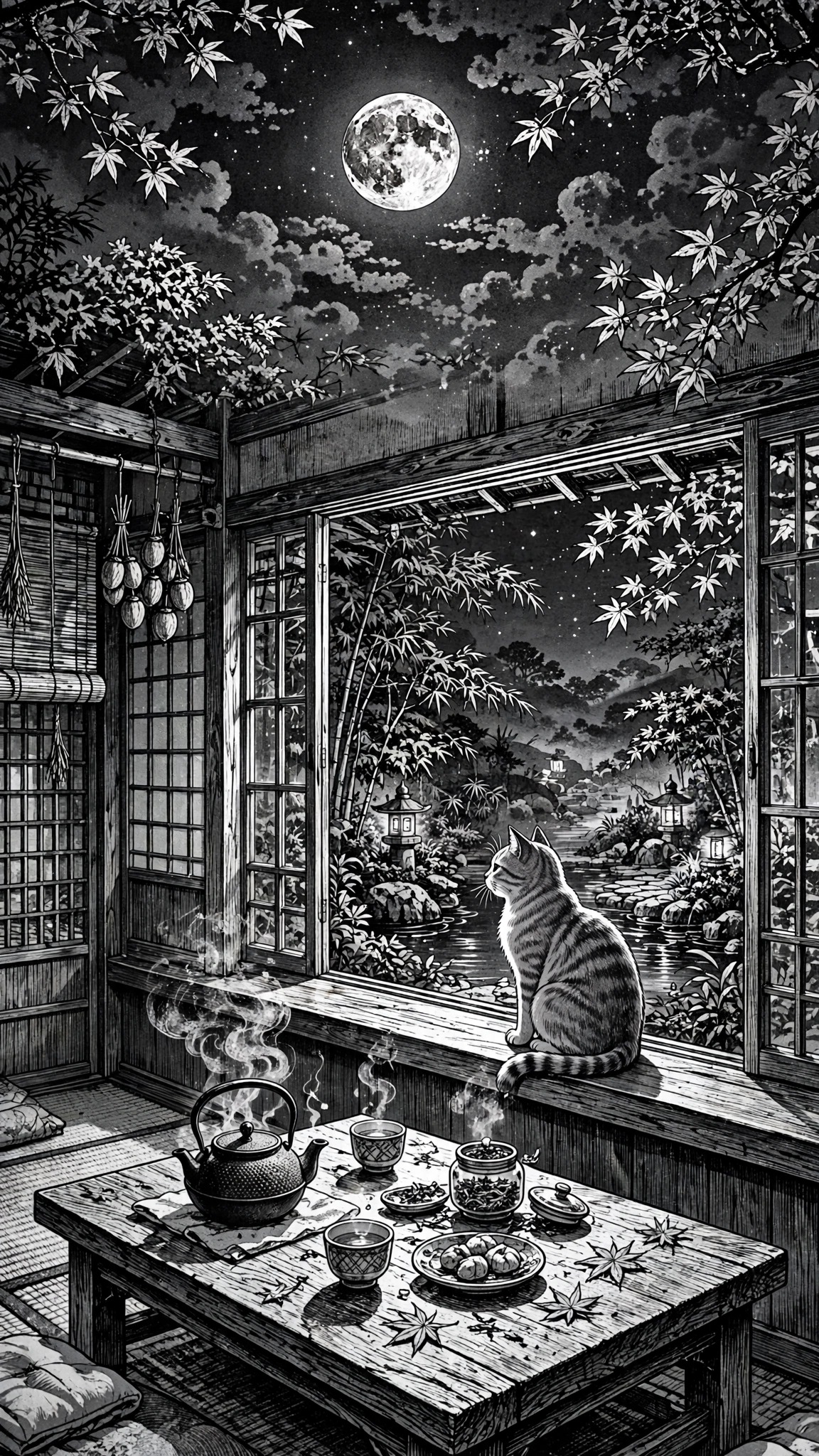 Cat on a teahouse windowsill under a full moon