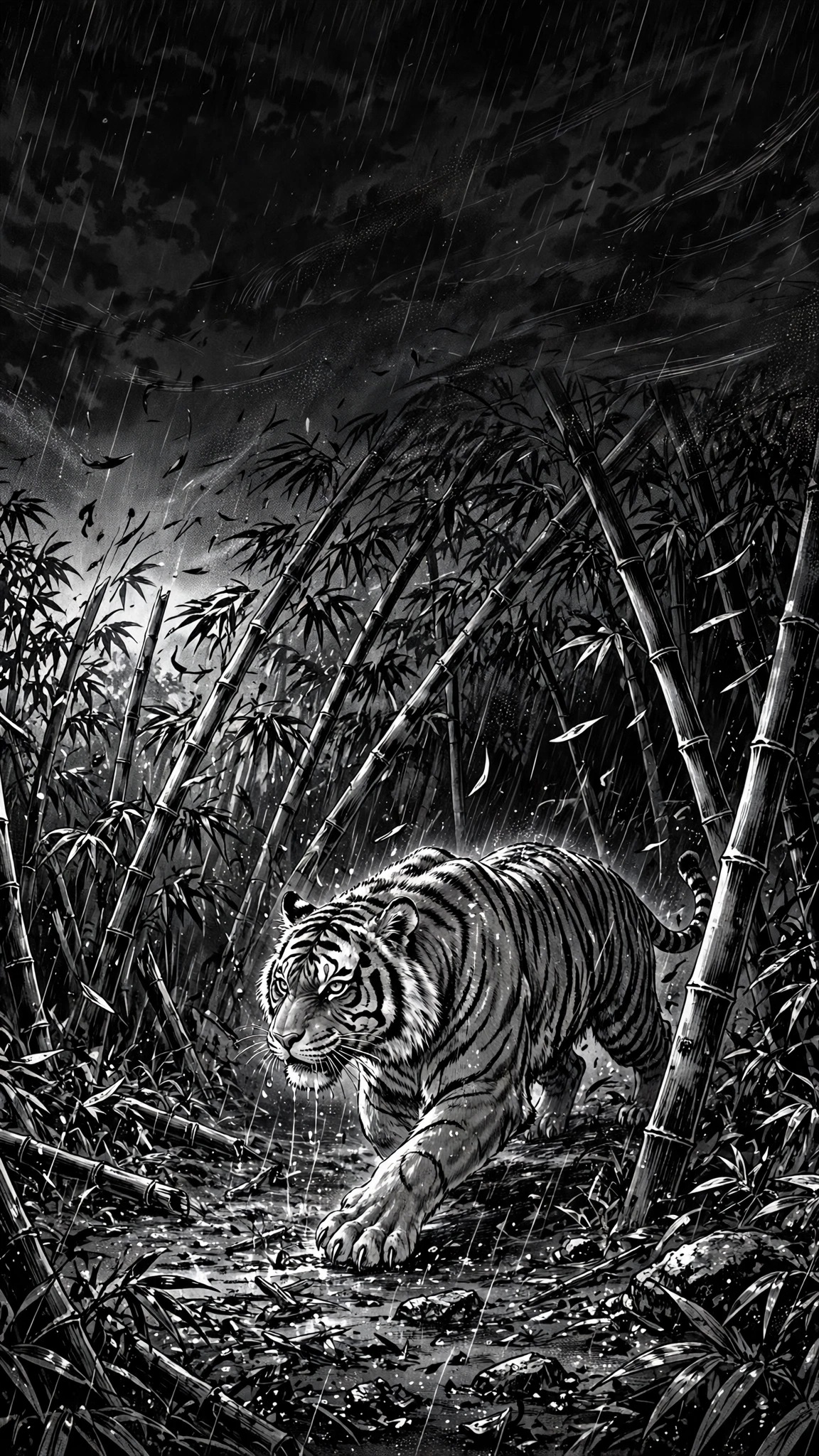 Tiger prowling through a stormy bamboo grove at night
