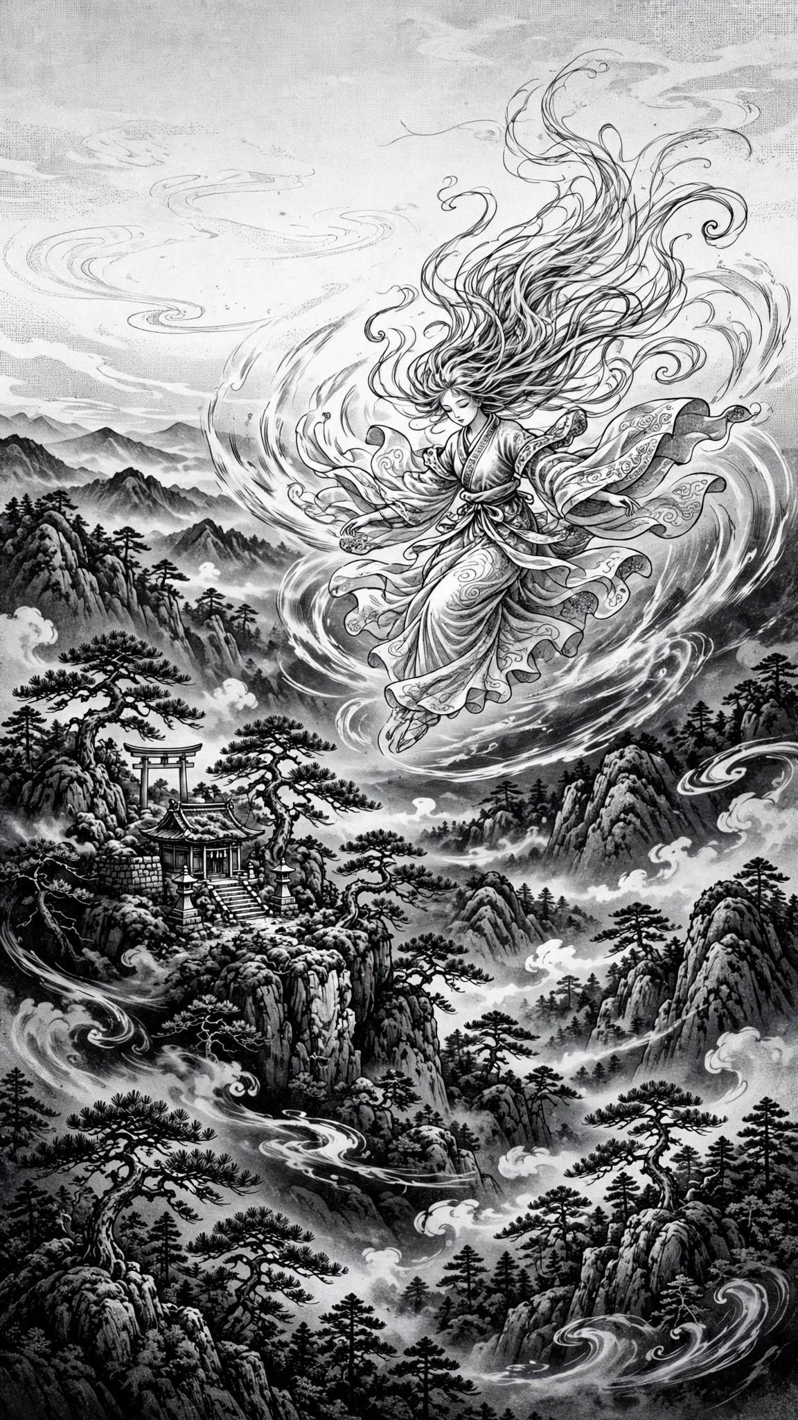 Wind spirit soaring over misty pine mountains