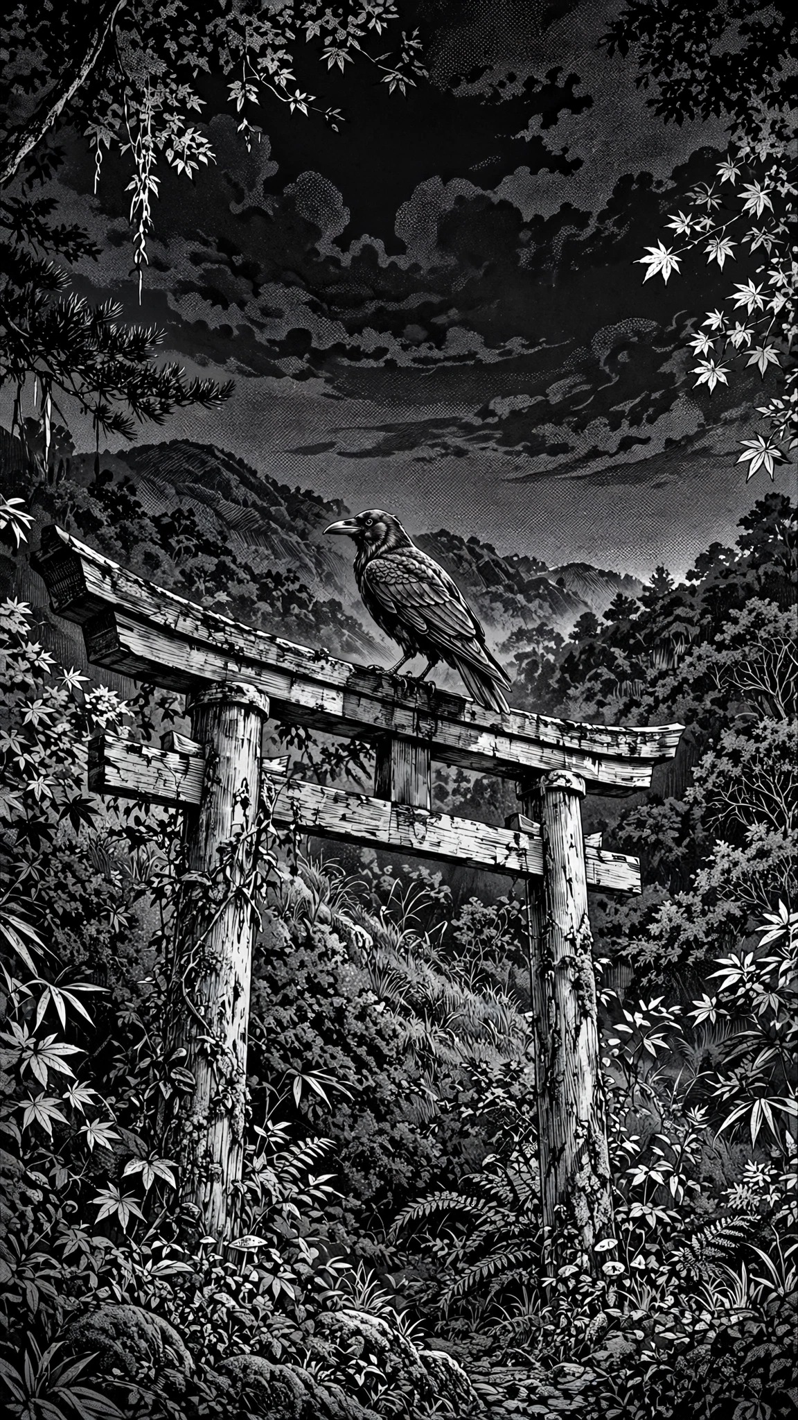 Crow on the Torii Gate - free phone wallpaper