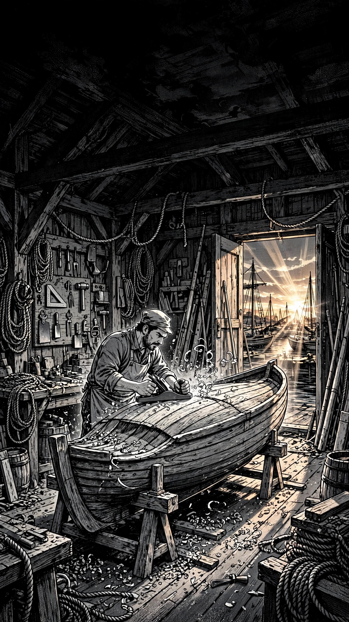 Boatbuilder planing a wooden boat hull at dusk manga wallpaper