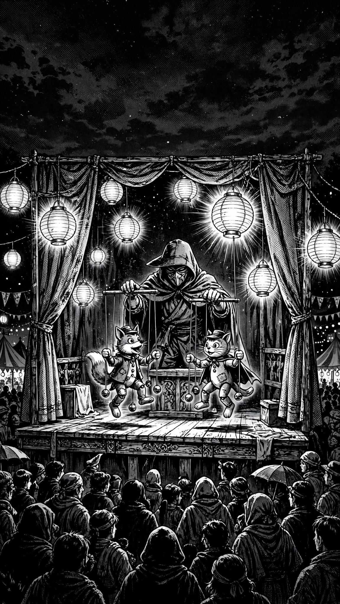 Puppeteer with string puppets on a lantern-lit stage manga wallpaper