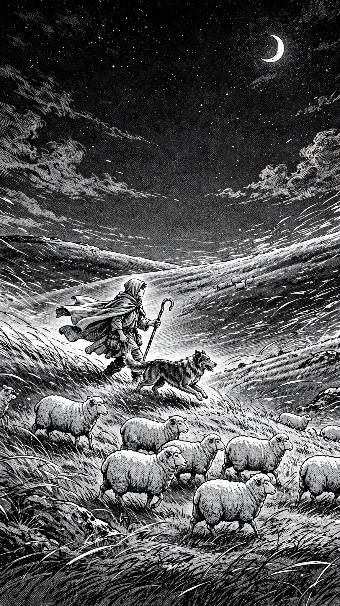 Shepherd and dog guiding sheep under a starry sky manga wallpaper