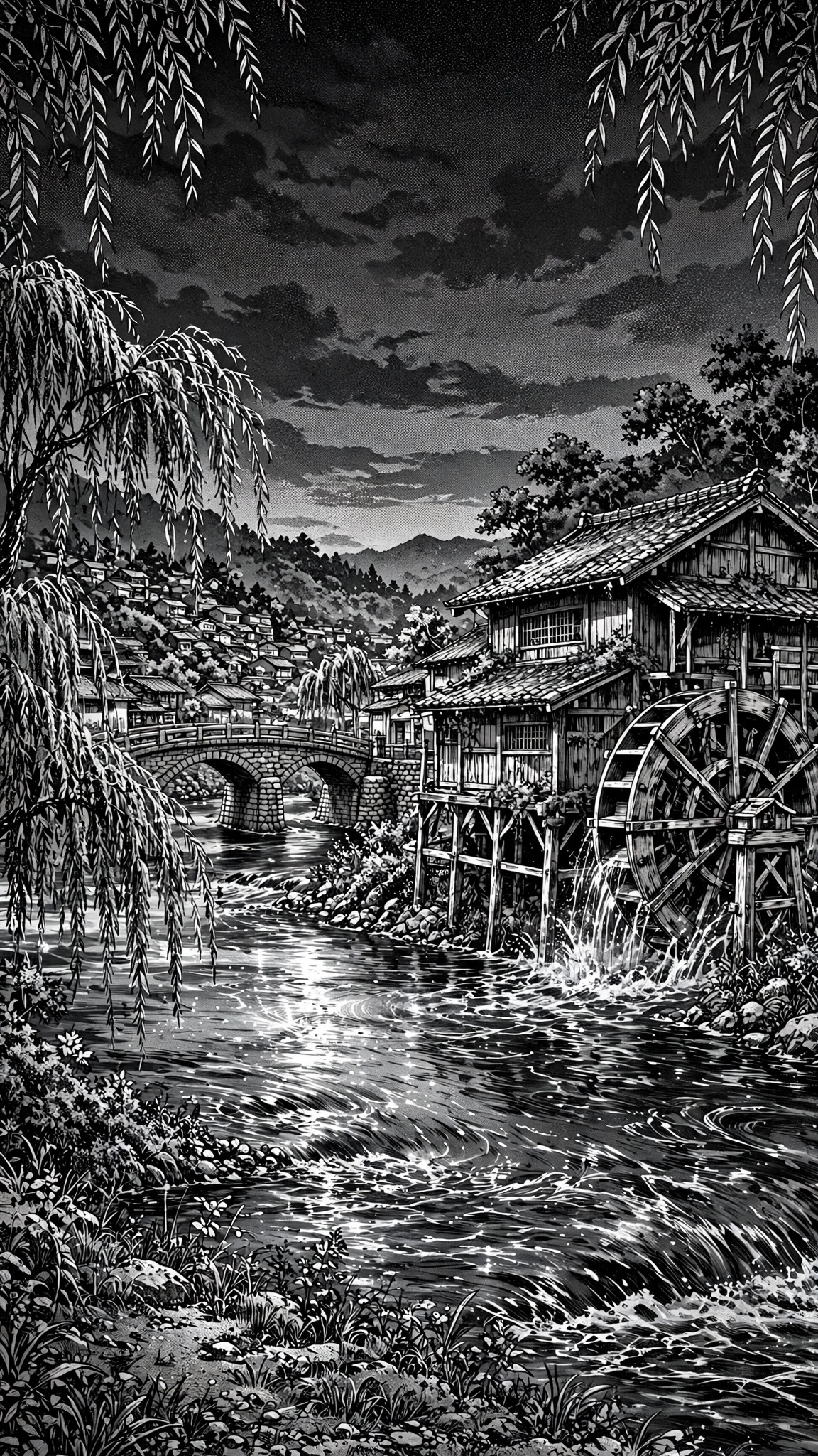 Riverside watermill with a turning waterwheel manga wallpaper