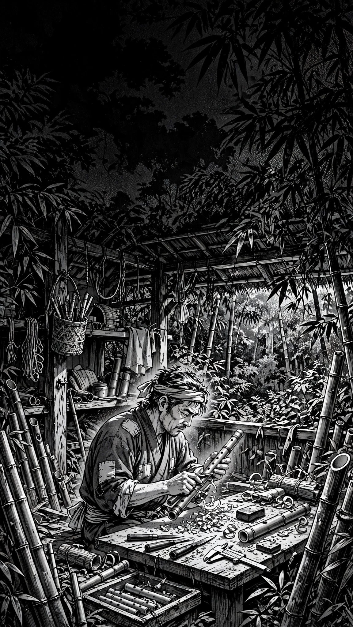 Bamboo Flute Maker in a Forest Workshop - black and white manga wallpaper