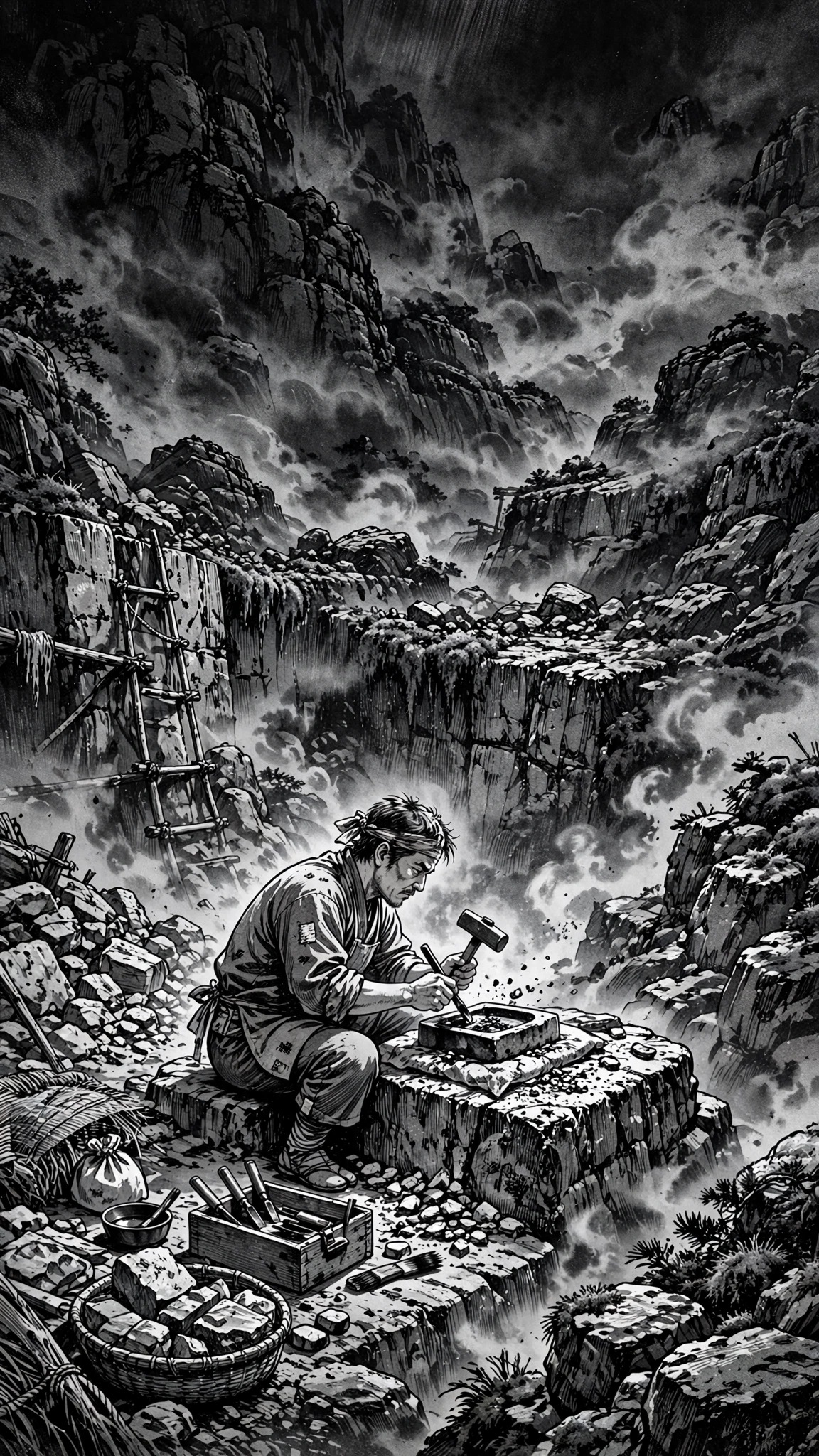 Inkstone Carver in a Misty Mountain Quarry - black and white manga wallpaper