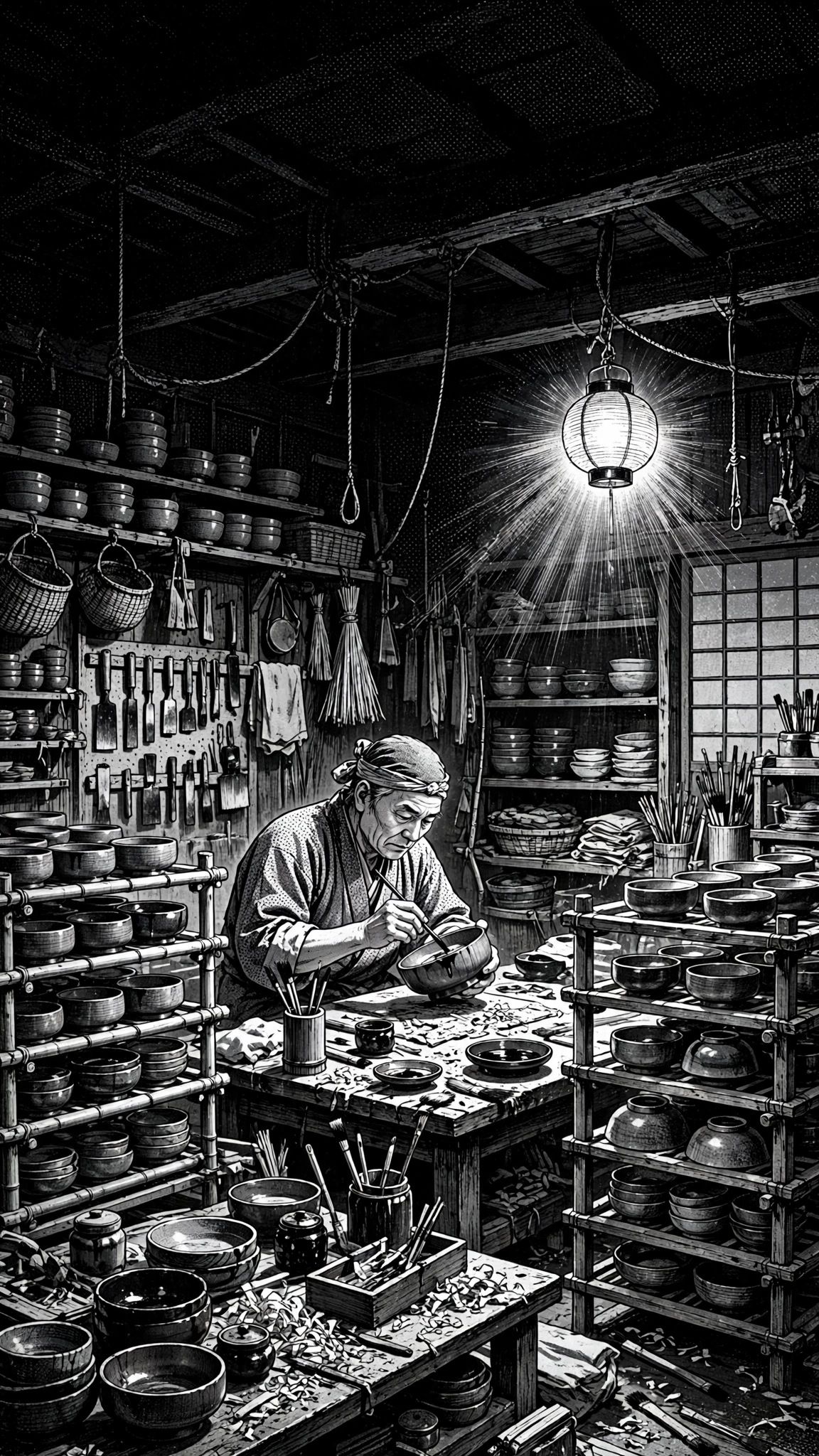 Lacquerware Artisan in a Traditional Workshop - black and white manga wallpaper