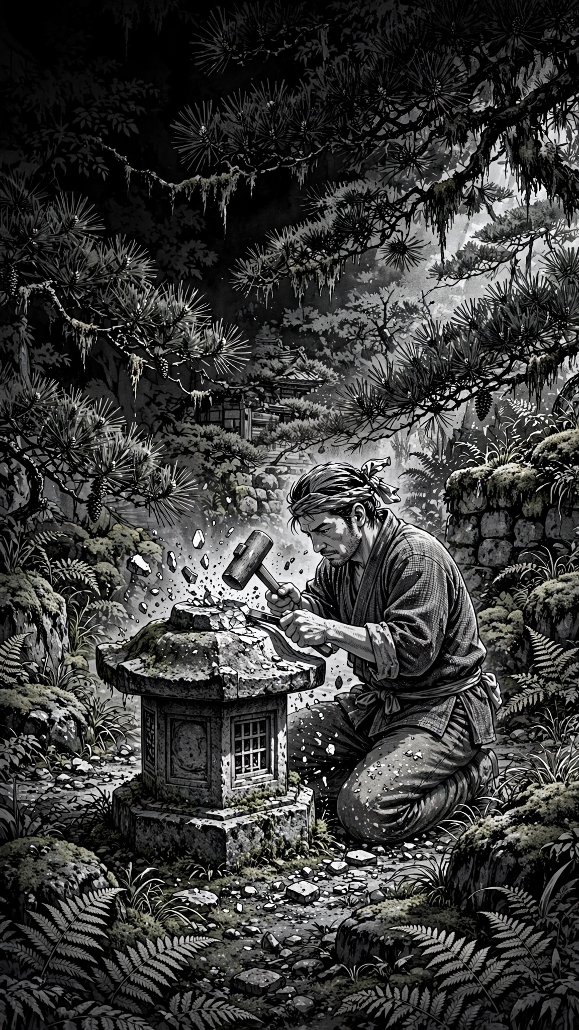 Stone Lantern Carver in a Mossy Temple Garden - black and white manga wallpaper