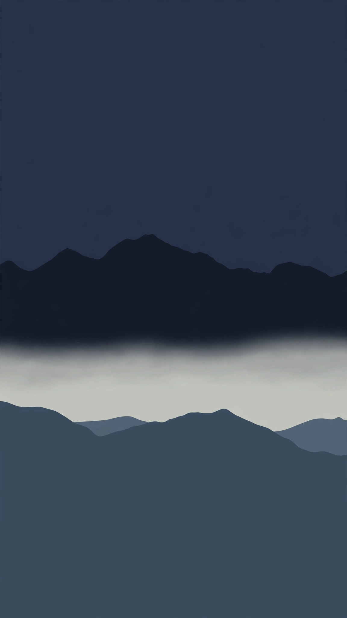 Dark mountain silhouette in two flat tones with a thin band of fog between layers