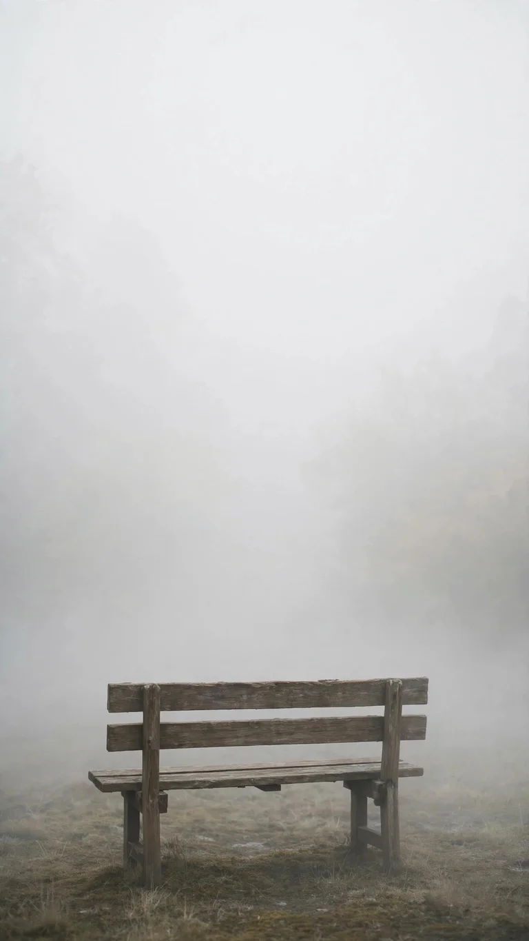 Empty wooden bench fading into thick white fog