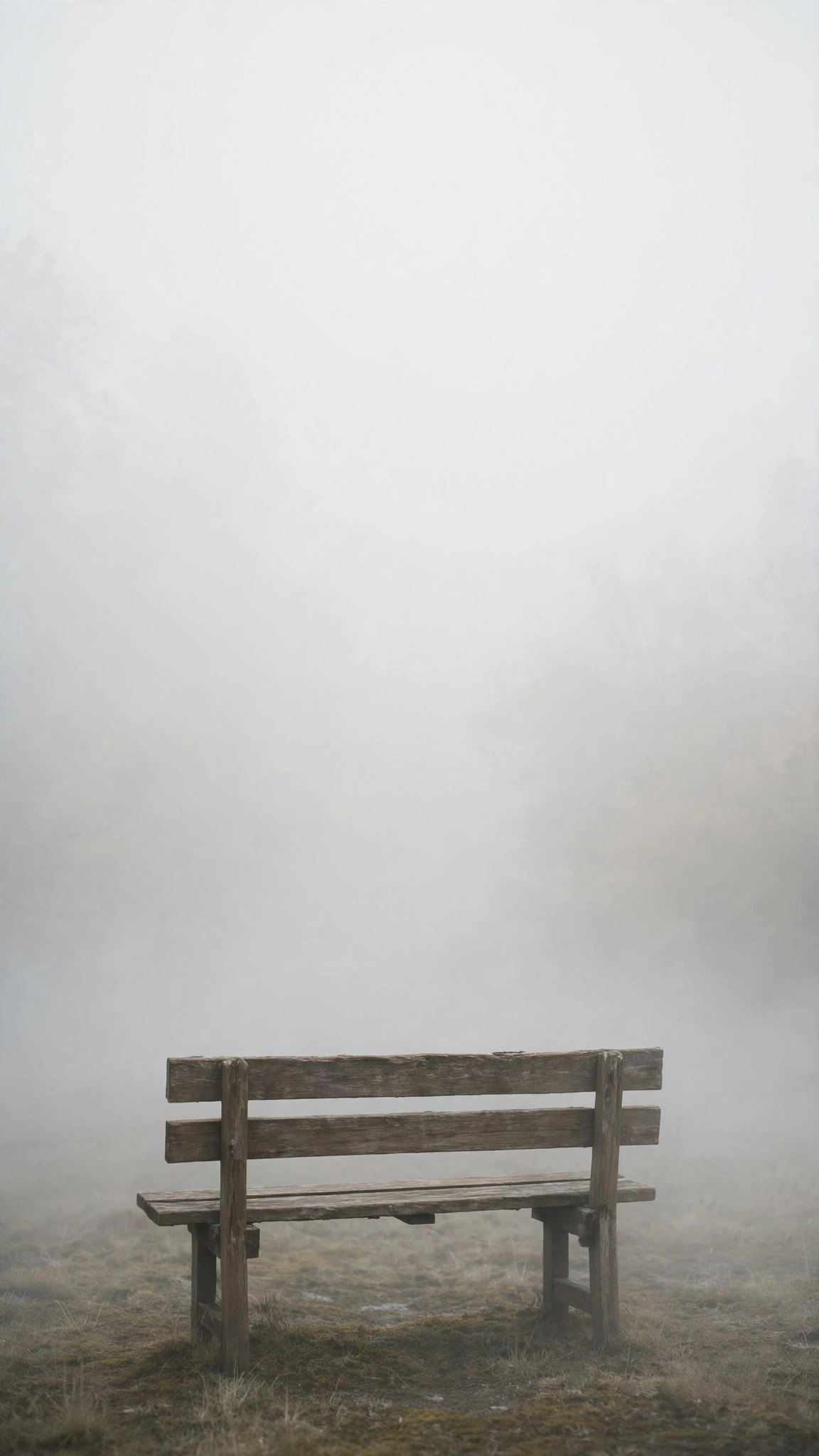 Empty wooden bench fading into thick white fog