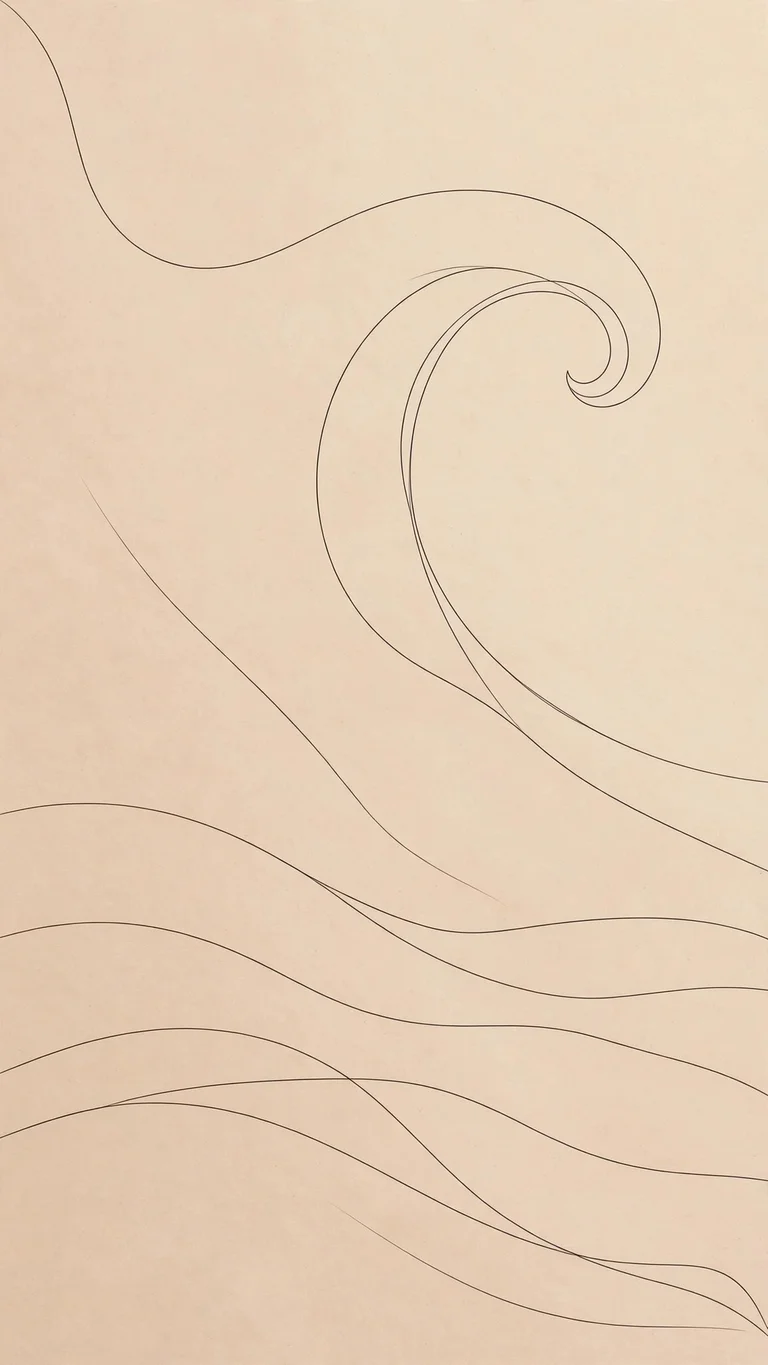 Single continuous thin line drawing an ocean wave on warm sand-colored background