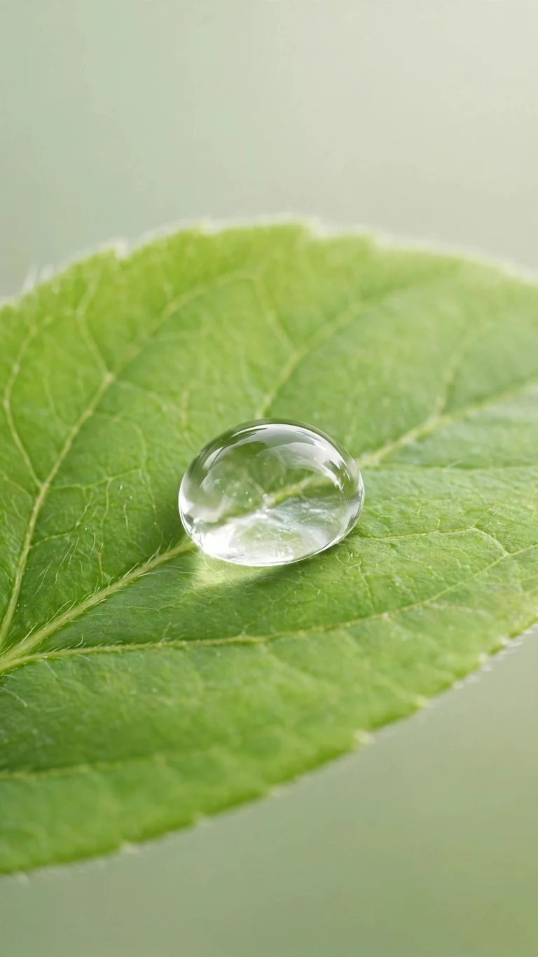 Single raindrop resting on a vivid green leaf in extreme macro