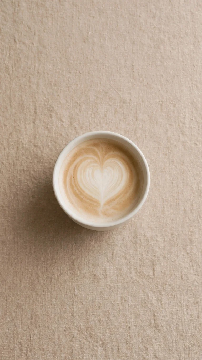 Single white coffee cup seen from directly above on a warm beige table
