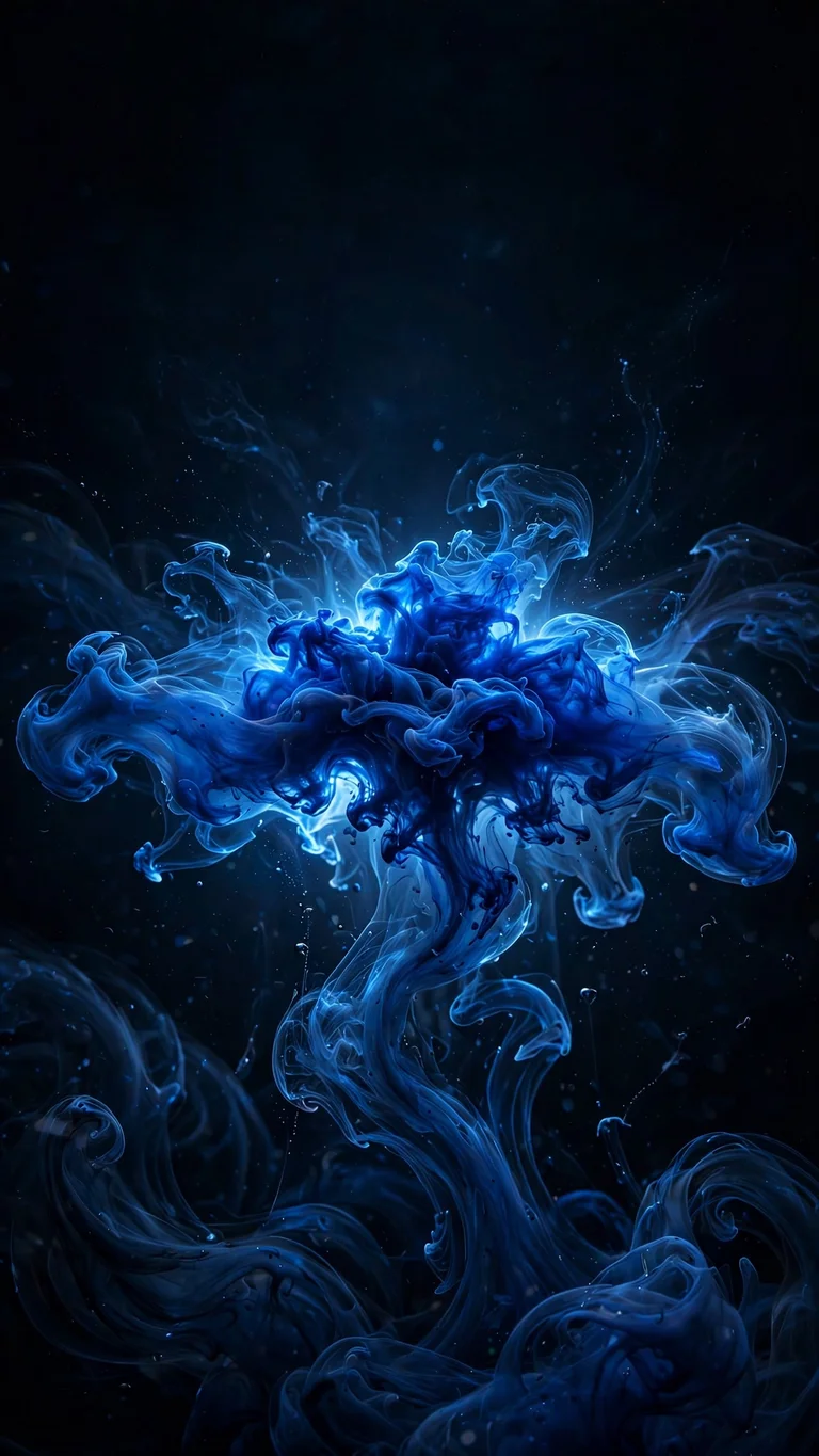 Cobalt-blue ink drop blooming in dark water