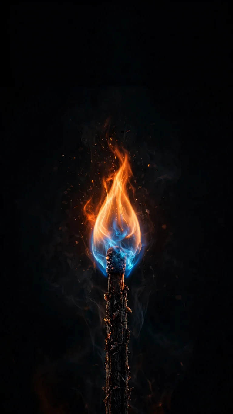 Burning match flame with ember particles in darkness