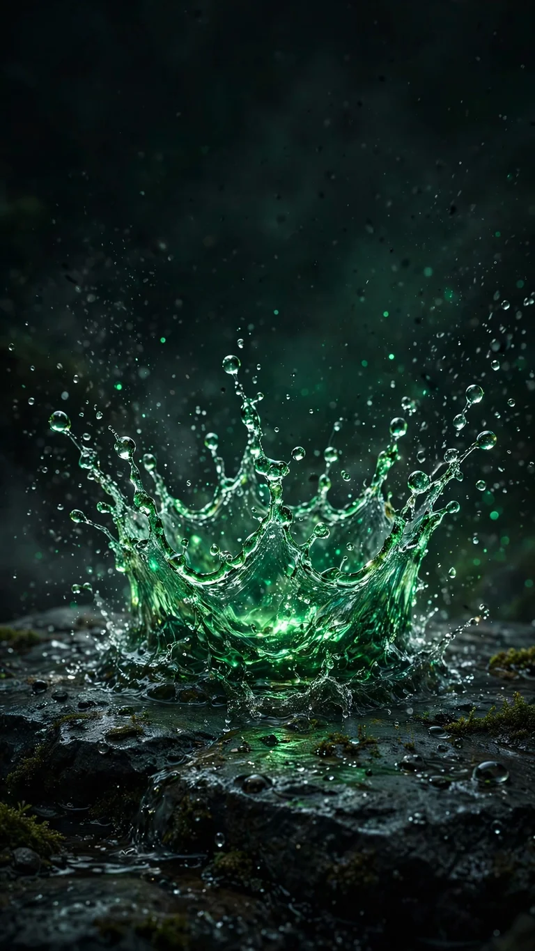 Emerald-green water droplet splash crown frozen on dark wet stone