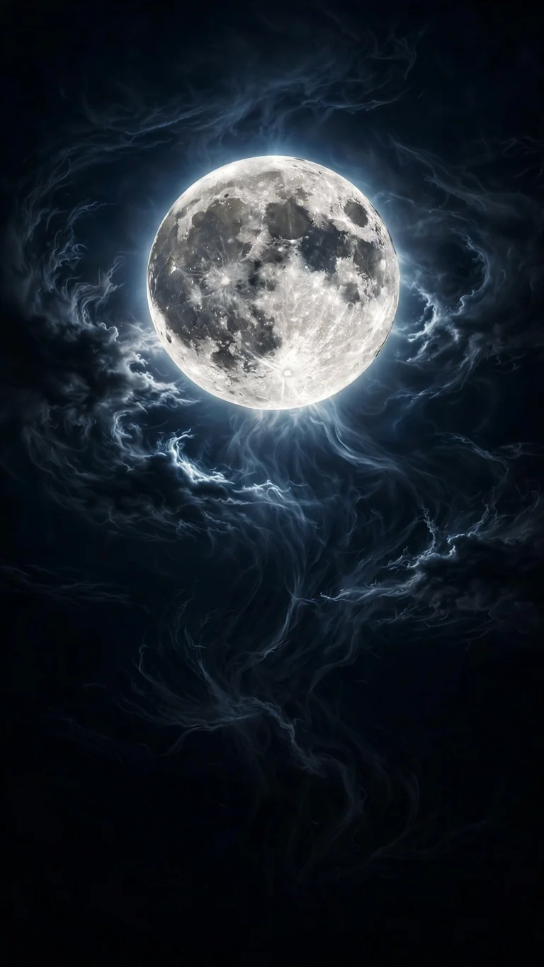 Full white moon in black sky with dark wispy clouds