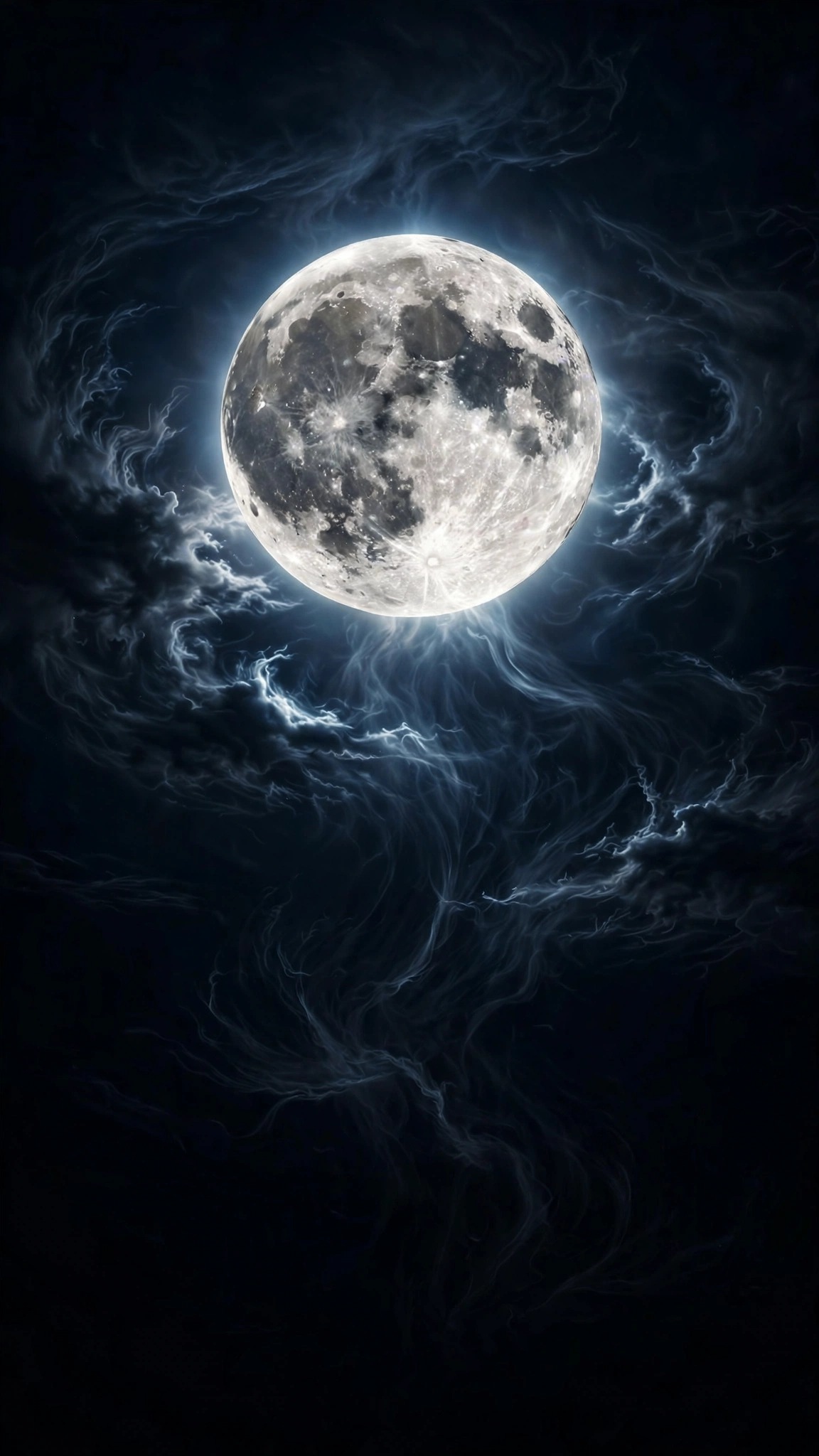 Full white moon in black sky with dark wispy clouds