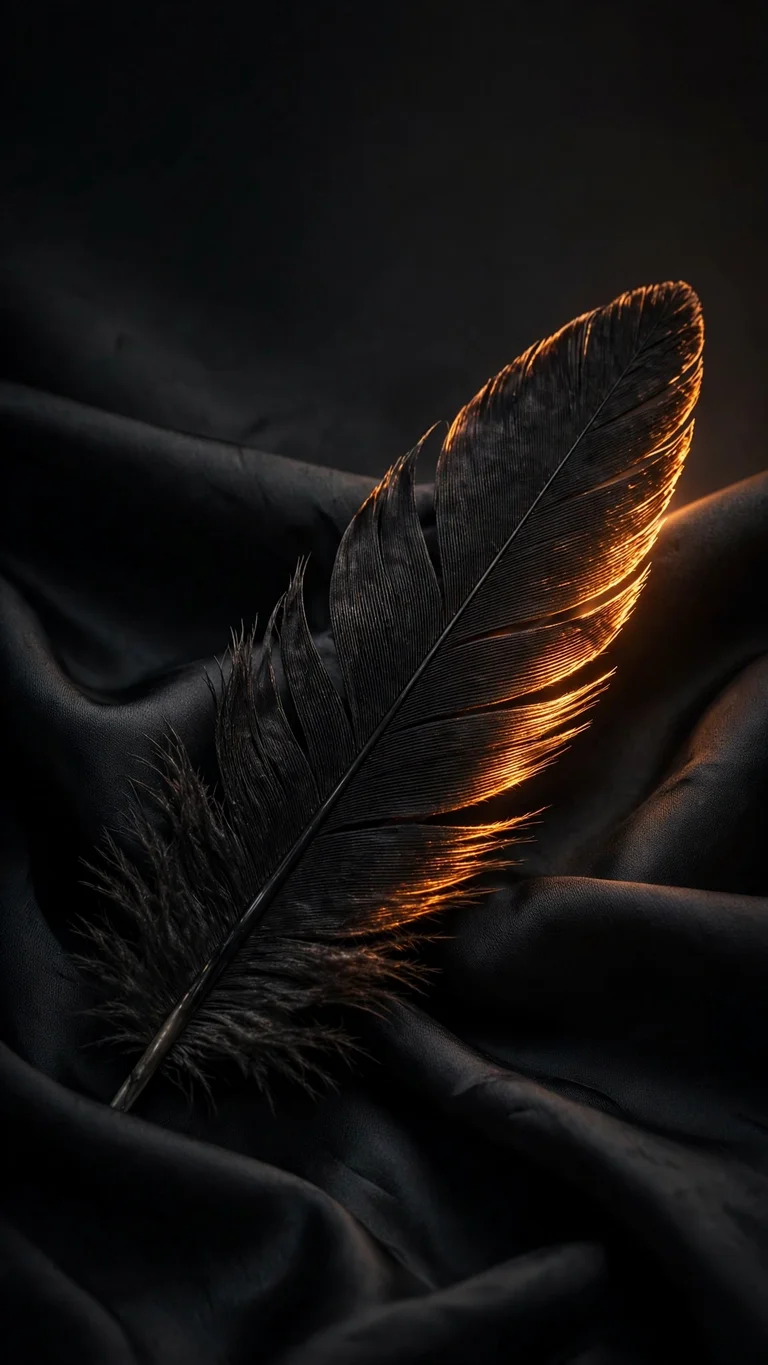 Black raven feather with glowing amber rim-light on dark charcoal silk