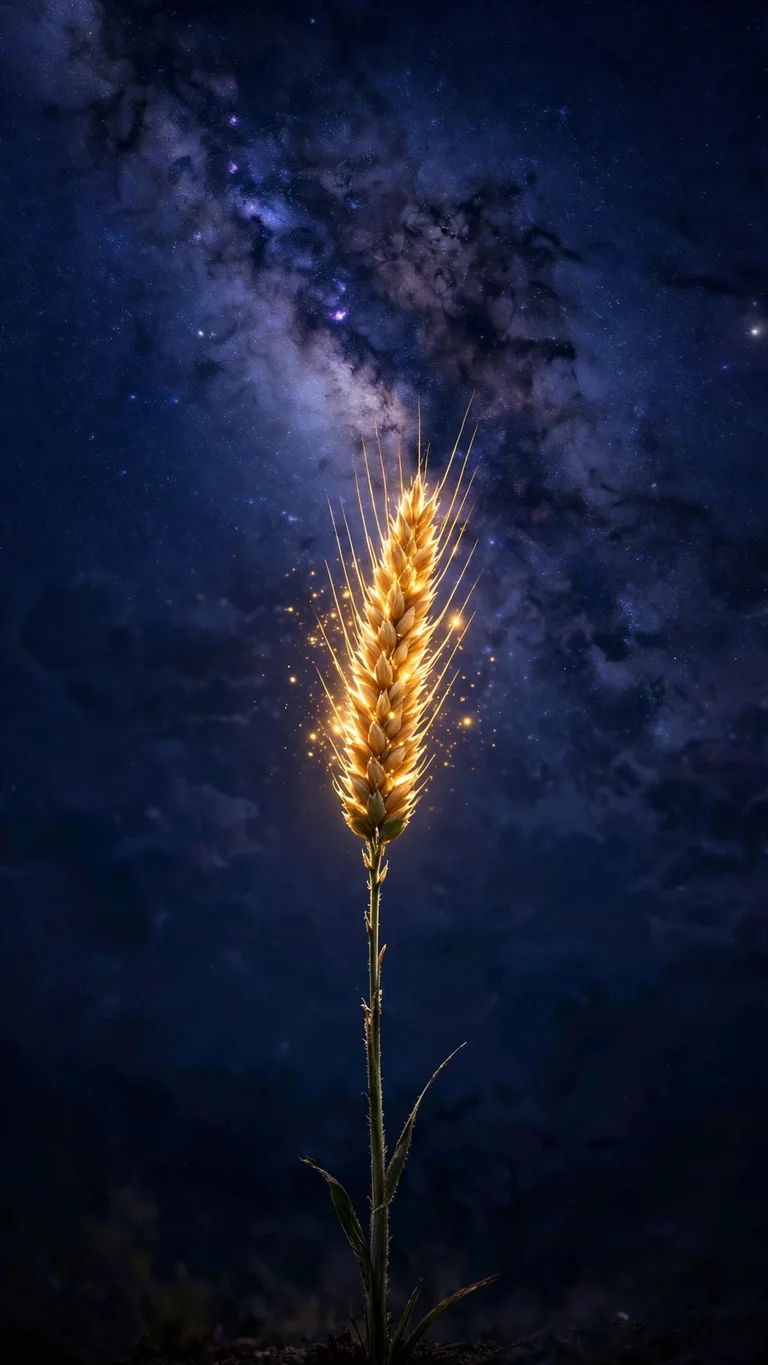 Golden wheat stem against deep indigo starry night sky