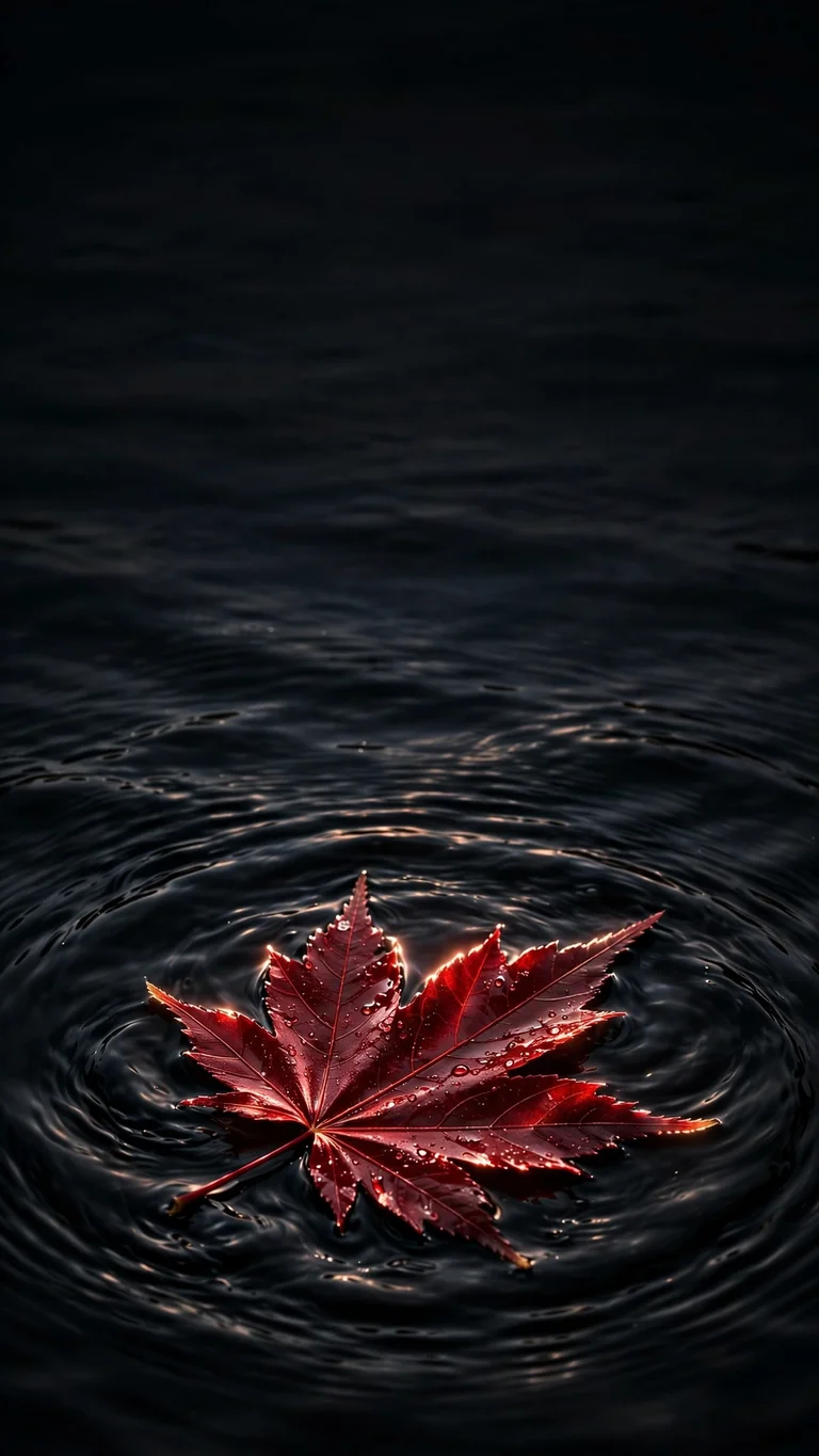 Red maple leaf floating on rippling obsidian-black water