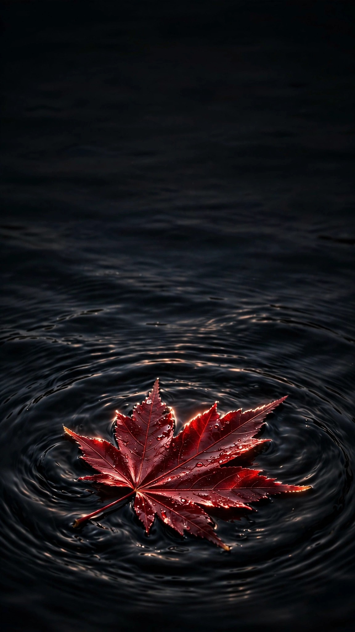 Red maple leaf floating on rippling obsidian-black water