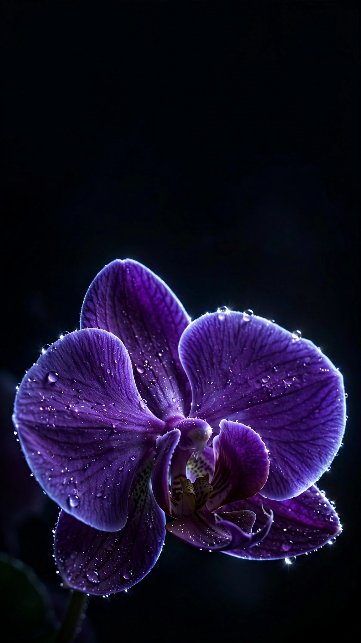 Violet orchid macro with dewdrops on near-black background