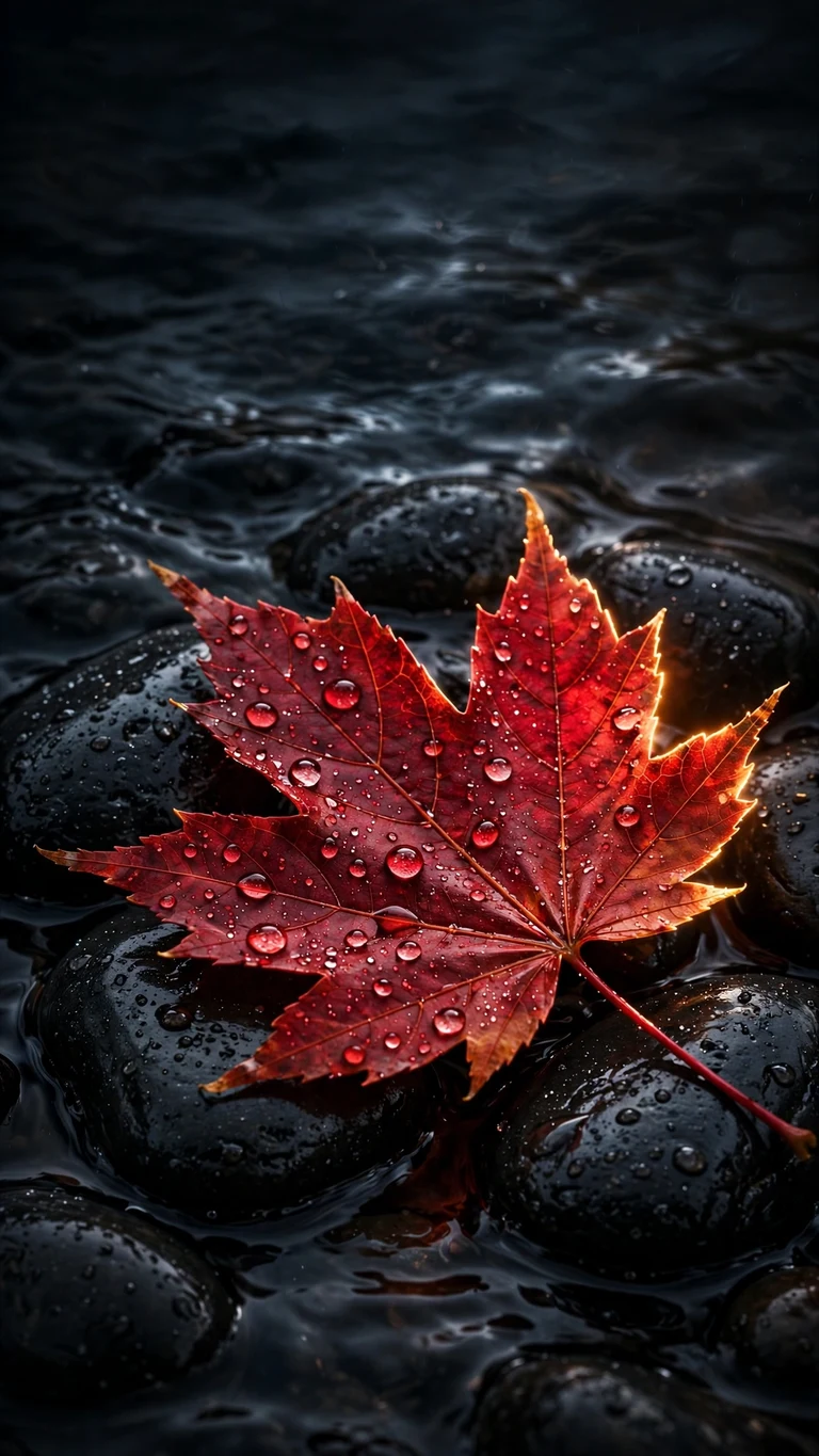 crimson leaf raindrops stone minimal minimal phone wallpaper