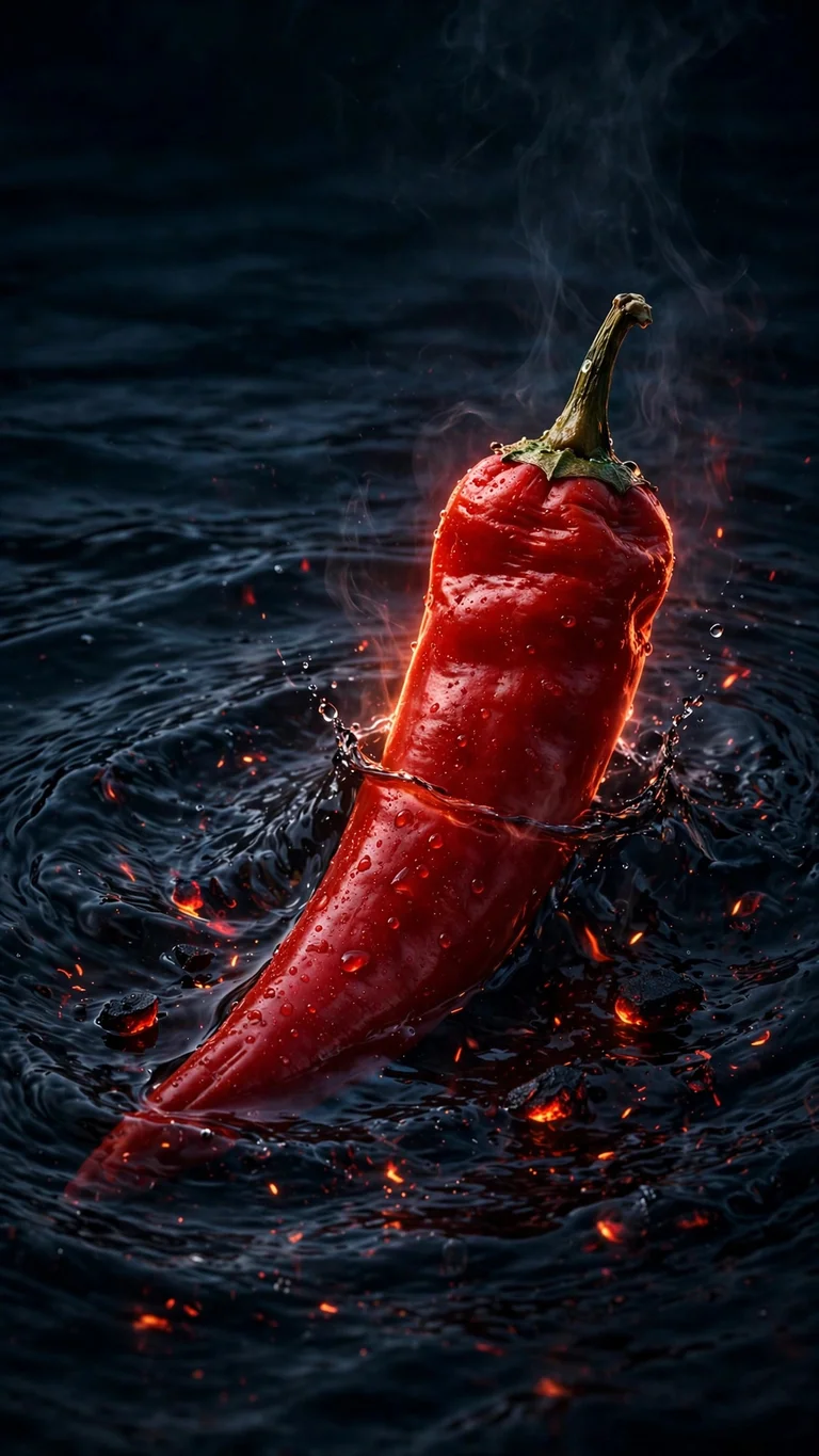 glowing red chili pepper in dark water minimal wallpaper