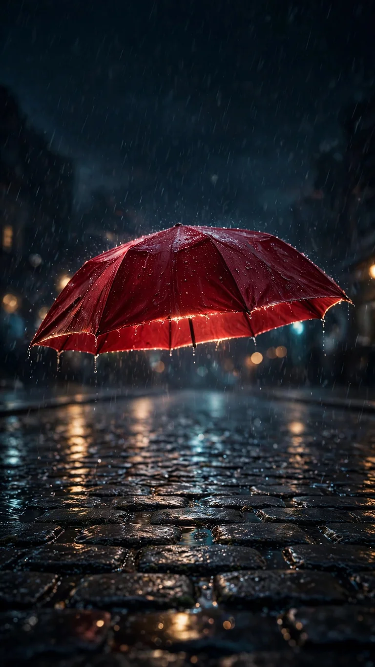 crimson umbrella floating in night rain minimal wallpaper