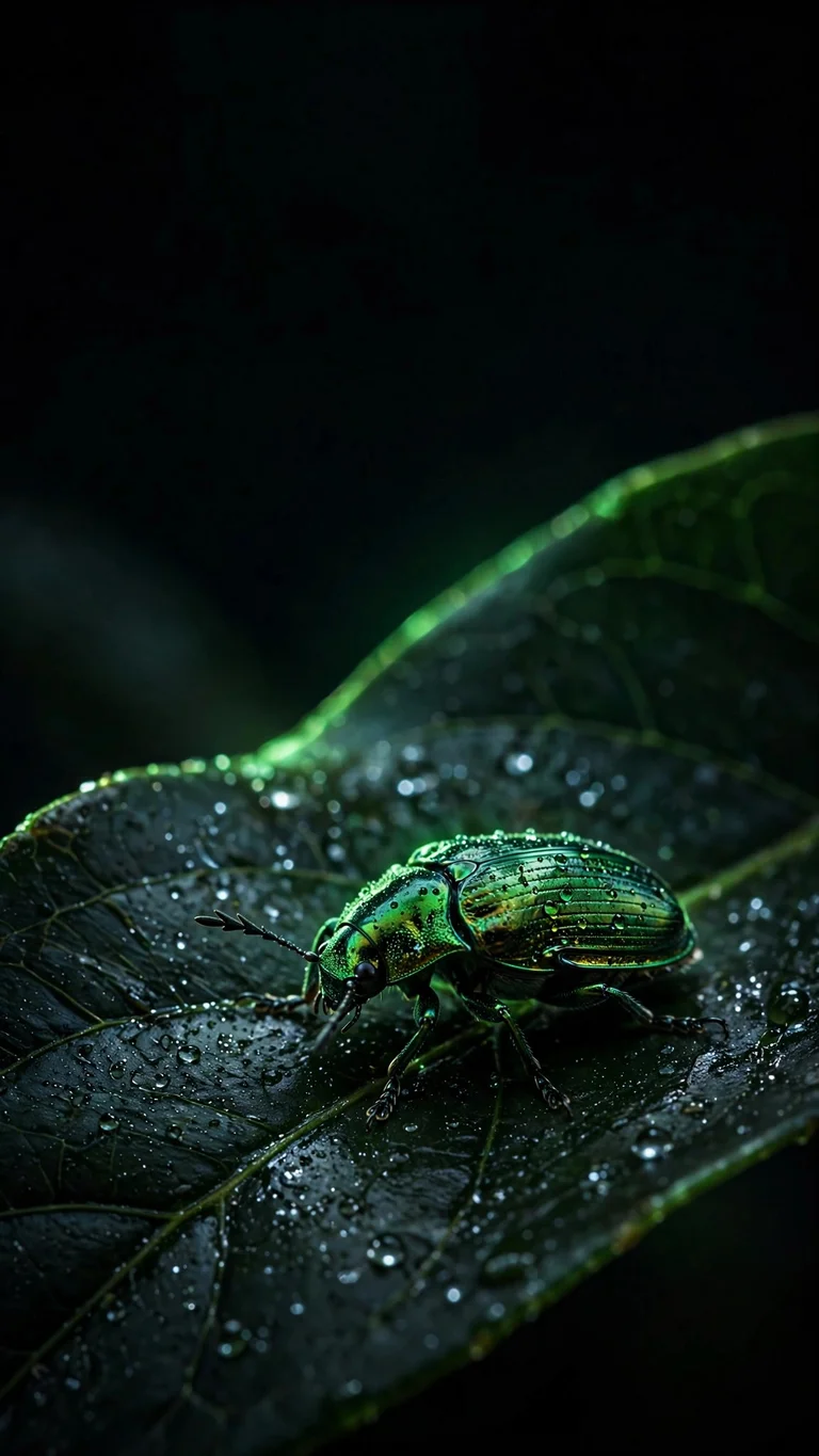 emerald beetle on a dewy leaf at night minimal wallpaper