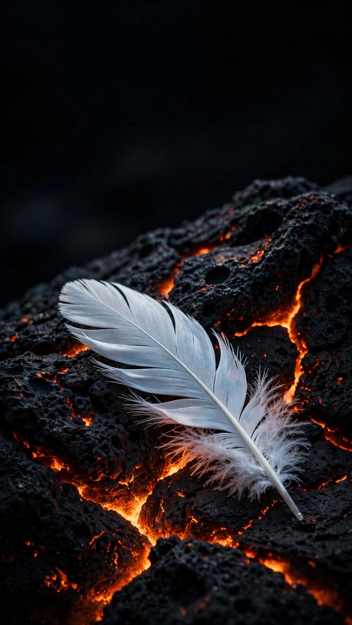 white feather on glowing black lava minimal wallpaper