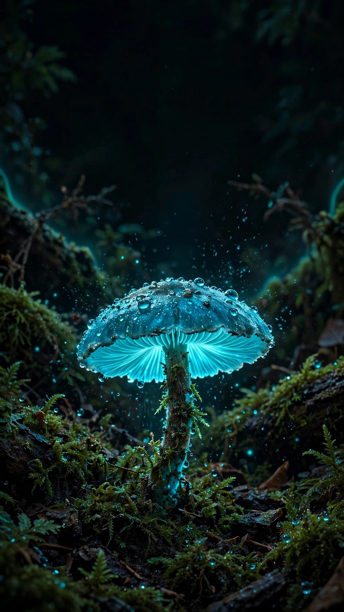 glowing mushroom on dark mossy forest floor minimal wallpaper