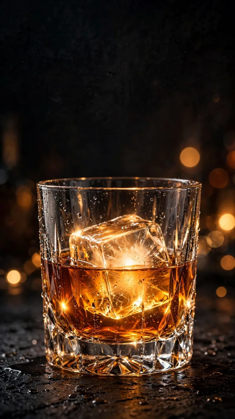 An amber whiskey glass with a glowing ice cube on a dark bar background.