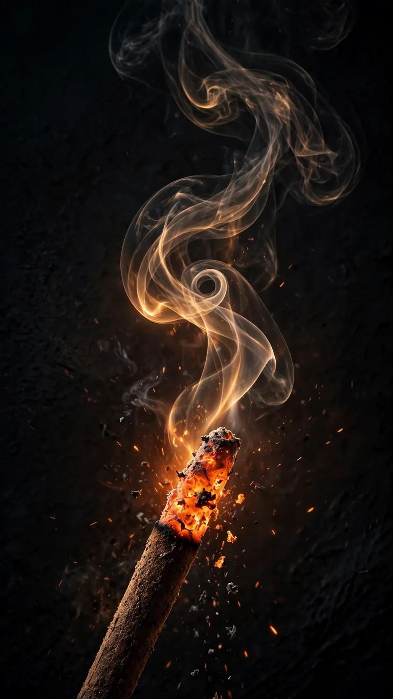 A glowing incense tip sends an elegant smoke coil into the darkness.