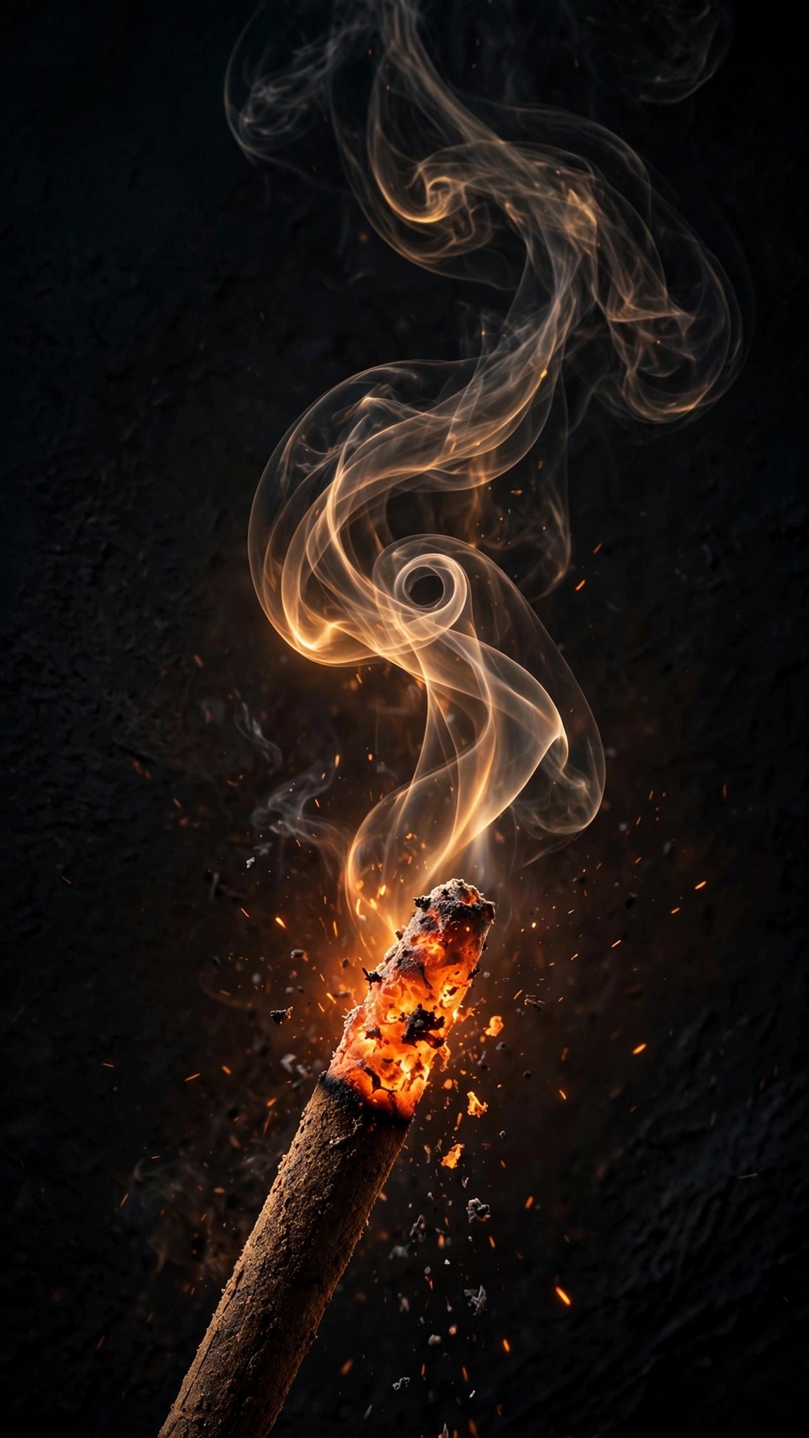 A glowing incense tip sends an elegant smoke coil into the darkness.
